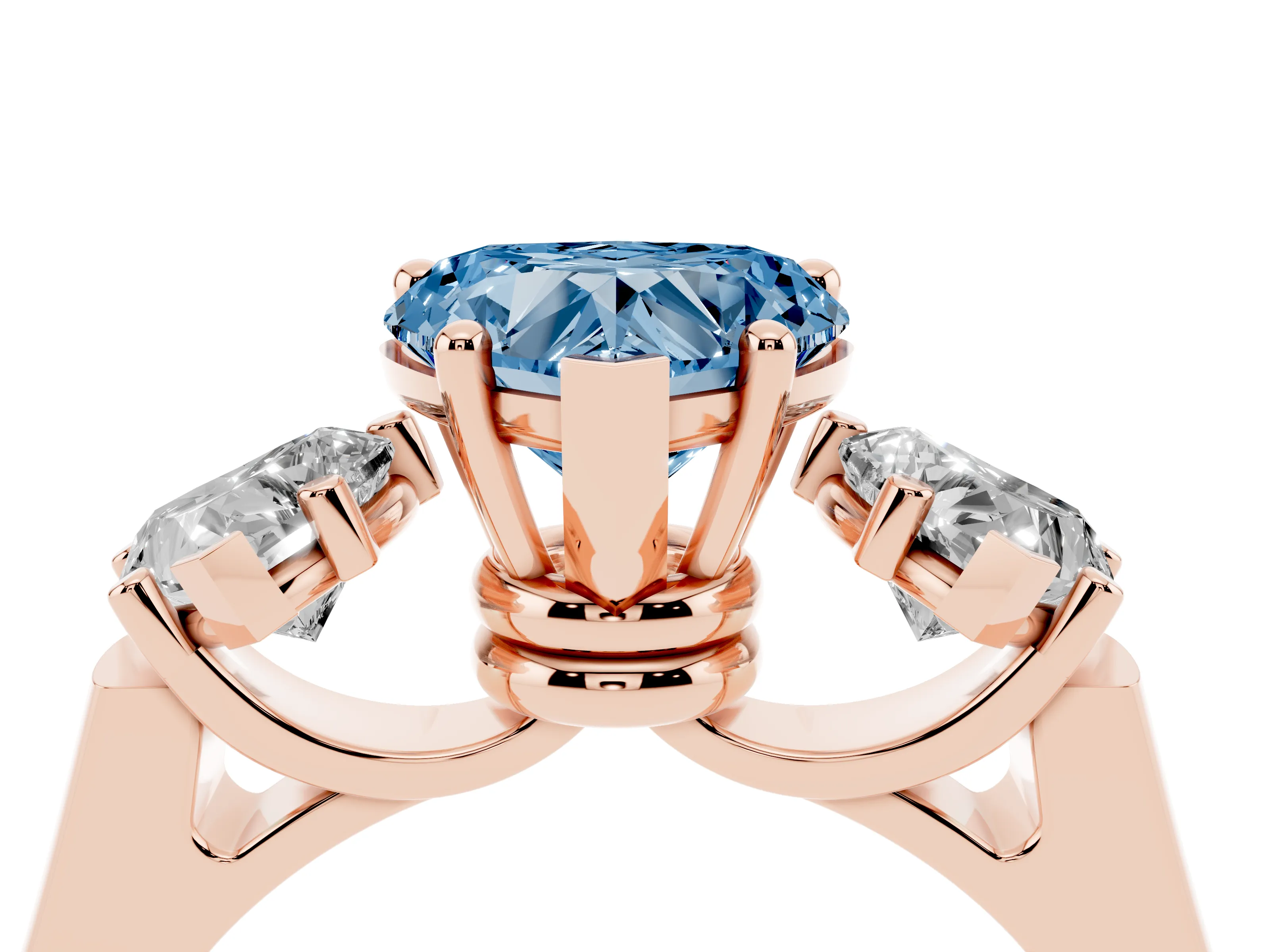 Fancy Blue Heart Cut Diamond Three-Stone Trellis Ring Set in Rose gold with Comfort Fit Band