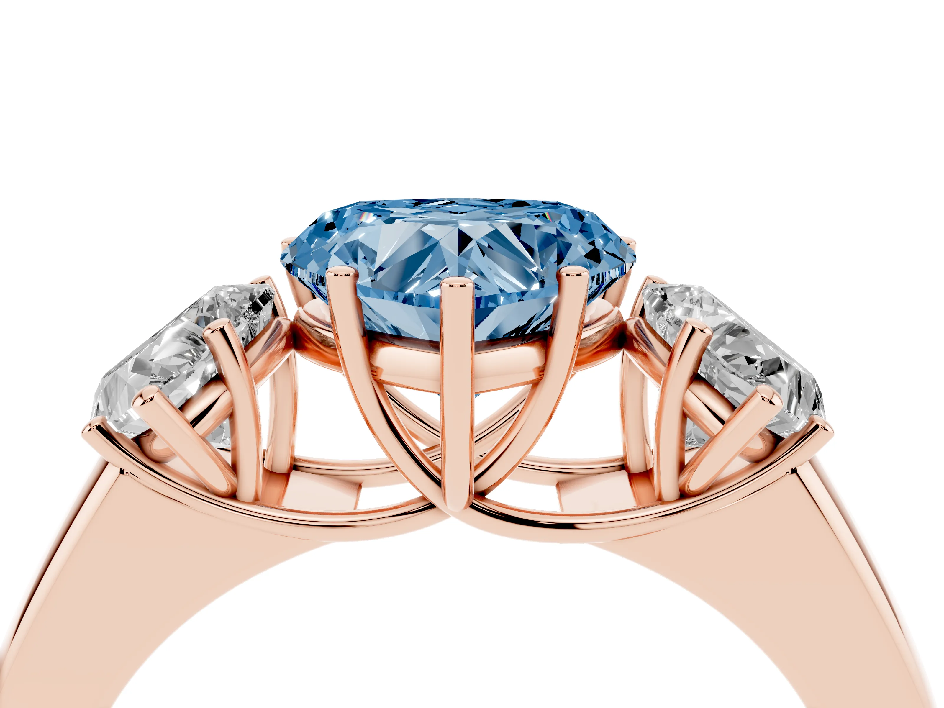 Fancy Blue Three-Stone Heart Cut Diamond Ring Set in Rose gold with Matching Prong Settings and Plain Band