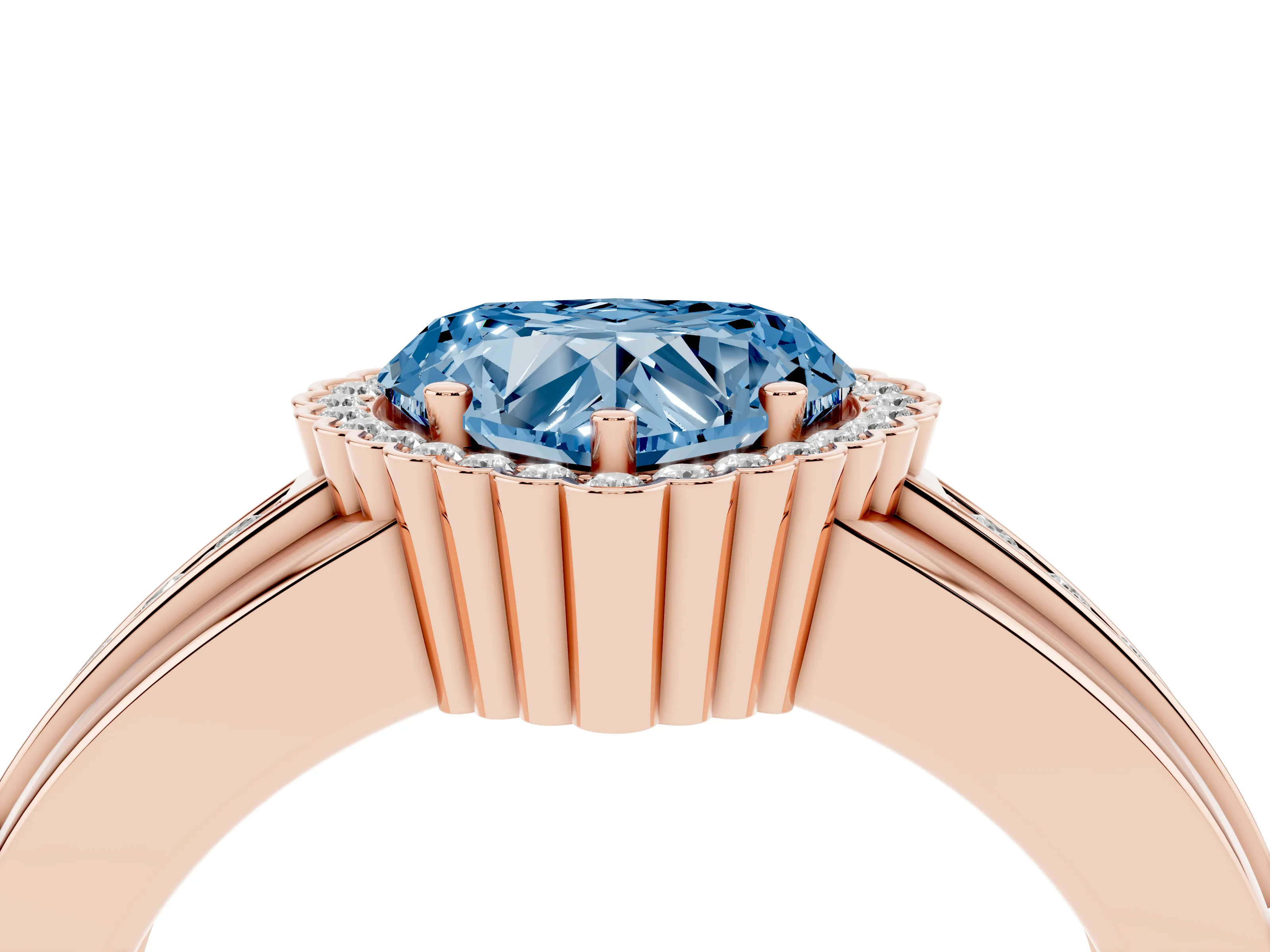 Fancy Blue Heart Cut Diamond Halo Prong Ring Set in Rose gold with Pavé Band