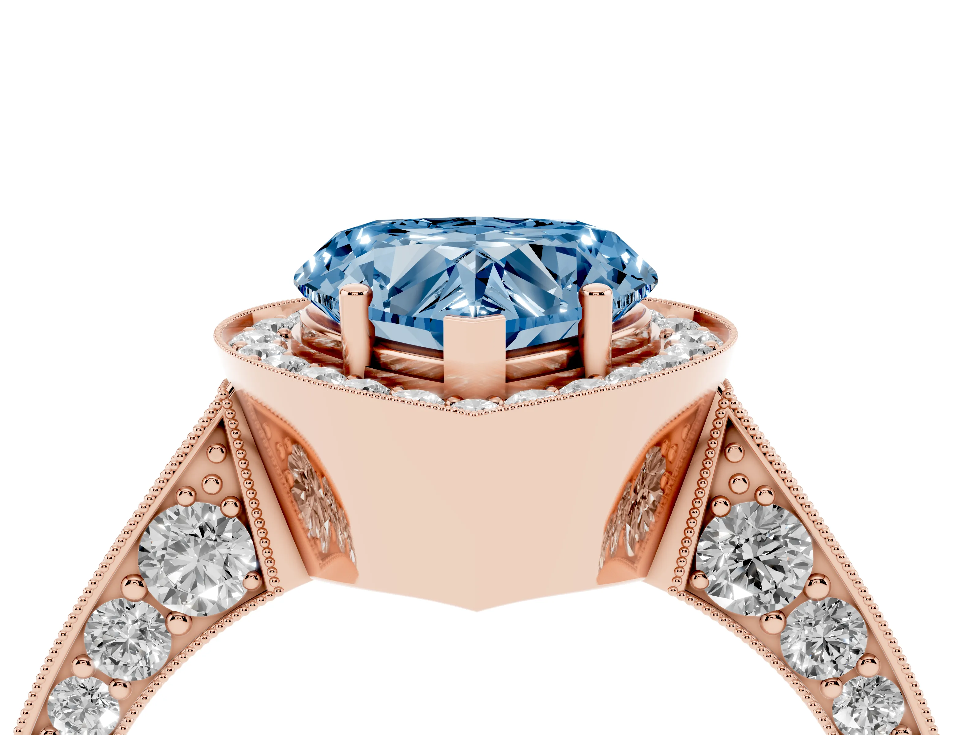 Fancy Blue Heart Cut Diamond Halo Engagement Ring Set in Rose gold with Accent Split Shank Band