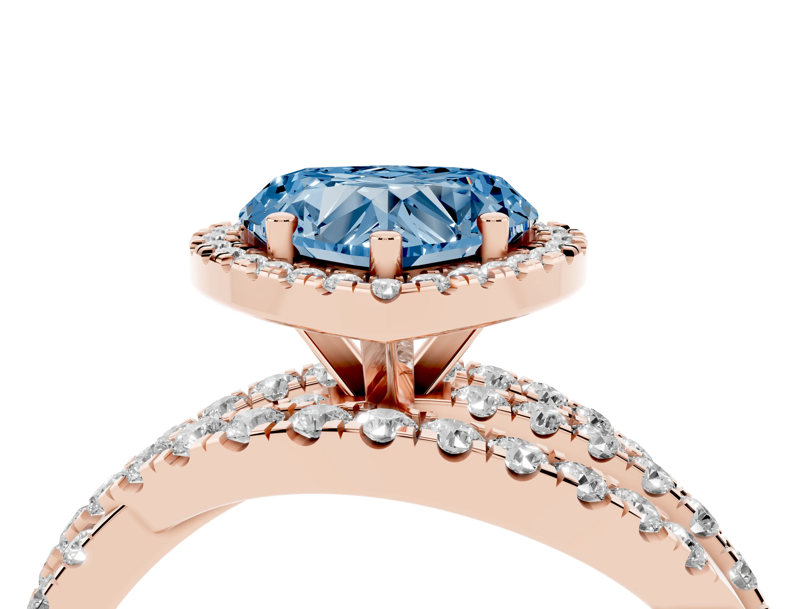 Fancy Blue Heart Cut Diamond Halo Ring Set in Rose gold with Round Crossover Split Shank and Prong Setting