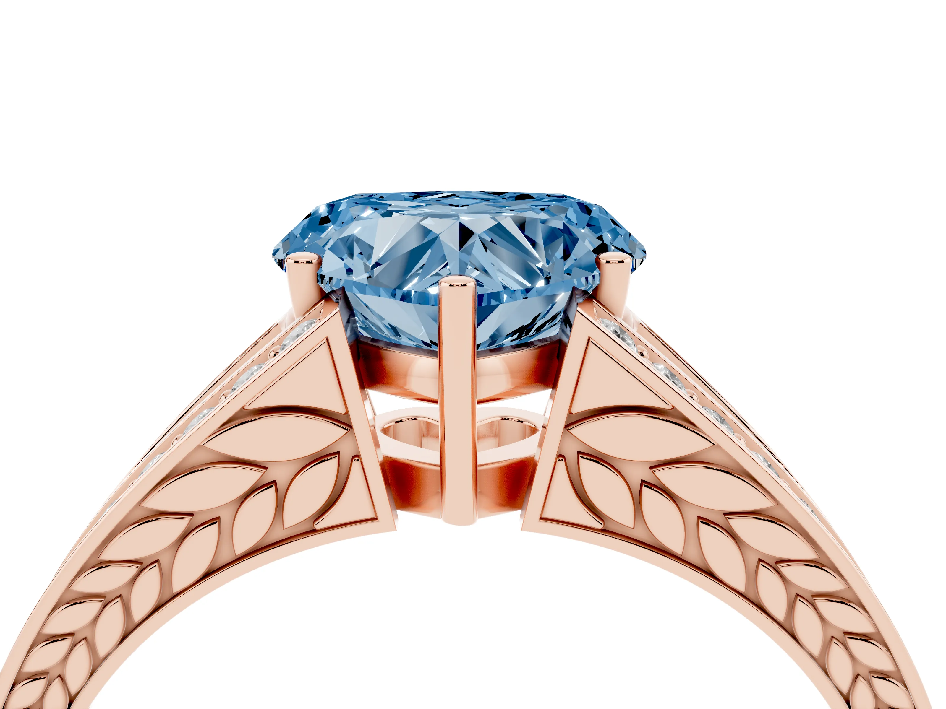 Fancy Blue Heart Cut Diamond Split Shank Ring Set in Rose gold with Pavé Band and Prong Setting