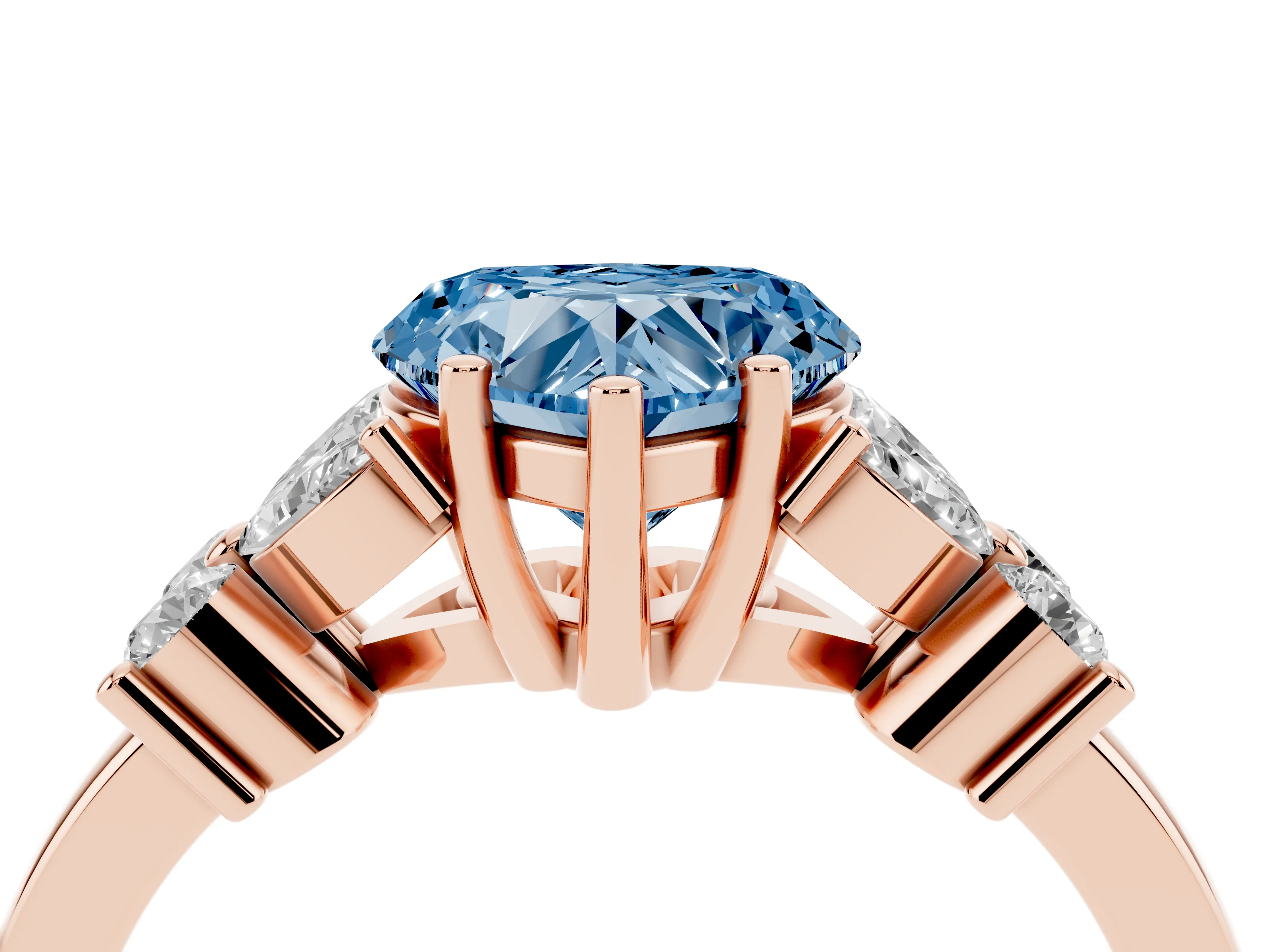 Fancy Blue Heart Cut Diamond Floral Cluster Ring Set in Rose gold with Marquise Petals and Prong Setting
