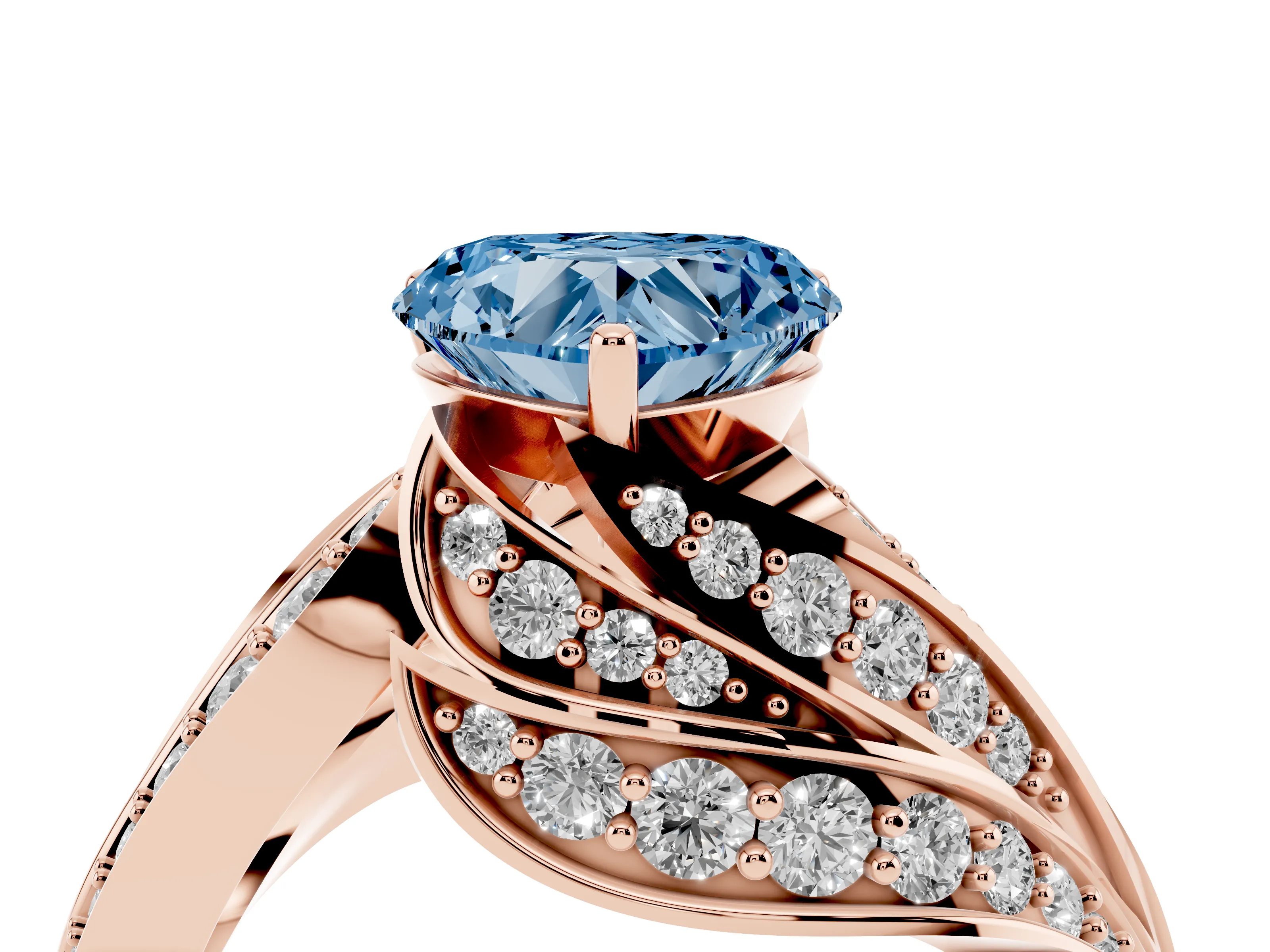 Fancy Blue Heart Cut Diamond Solitaire Ring Set in Rose gold with Layered Twist Pavé Band