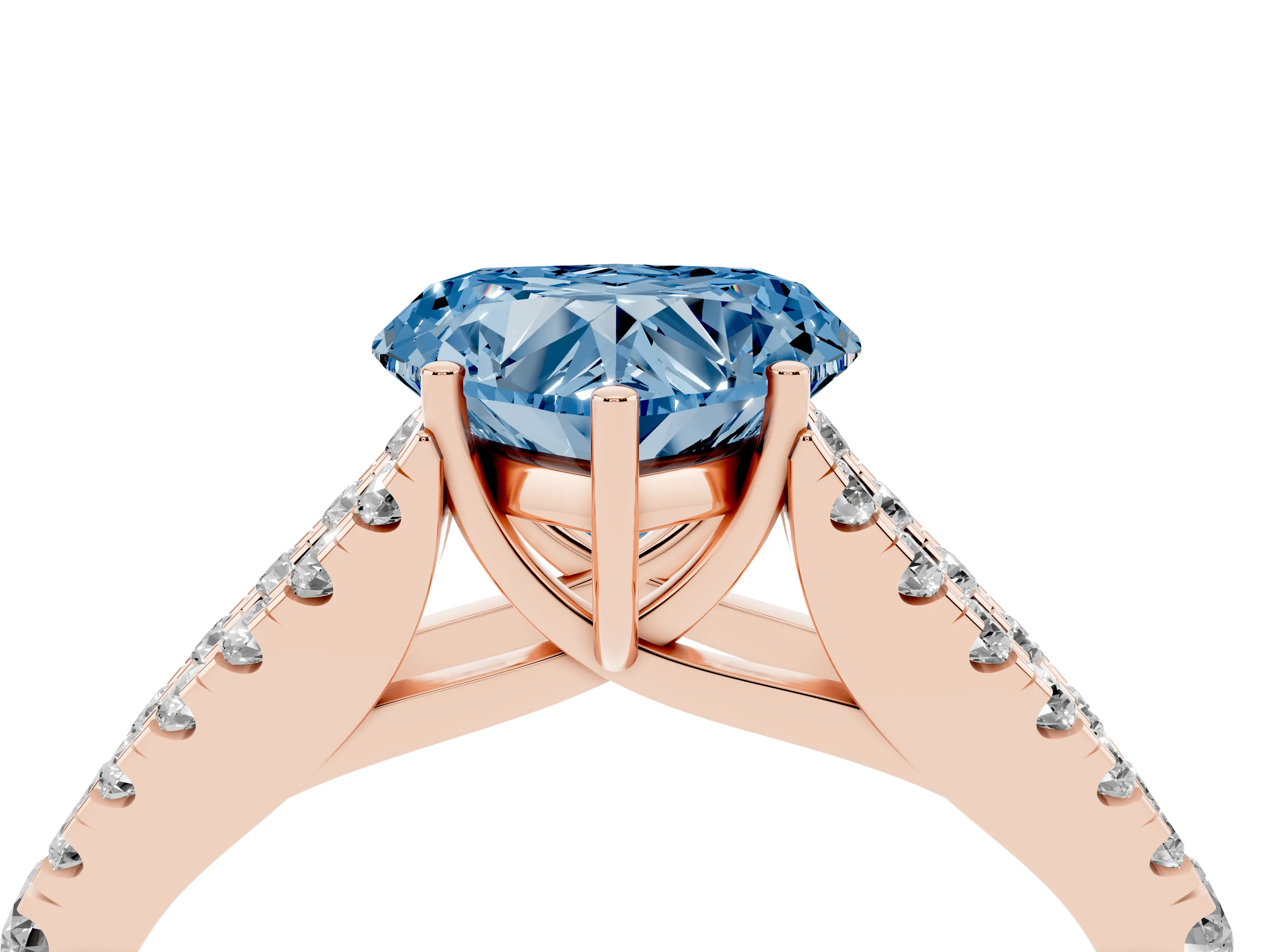 Fancy Blue Heart Cut Diamond Split Shank Pavé Engagement Ring Set in Rose gold with Prong-Held Center Stone