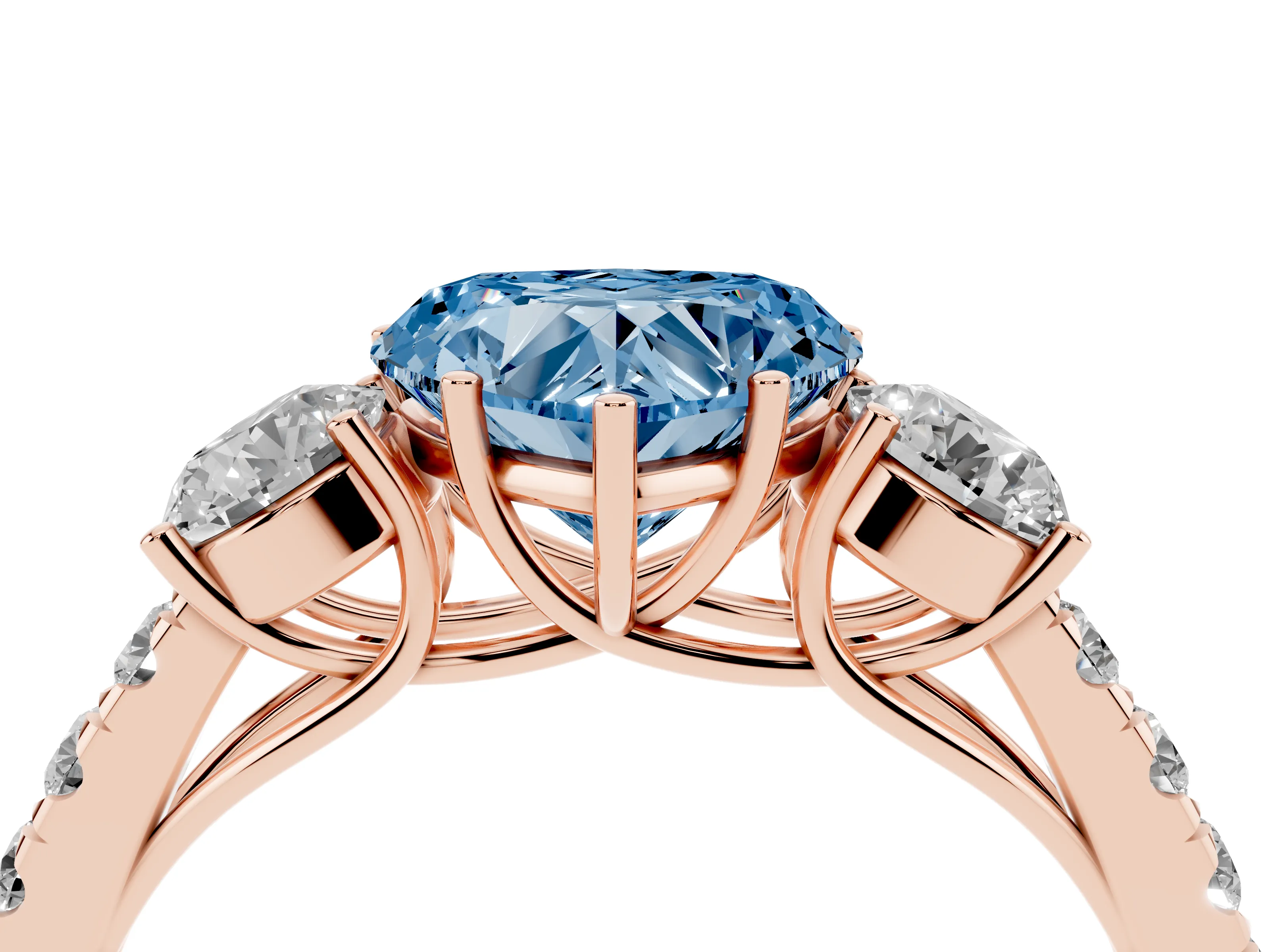 Fancy Blue Heart Cut Diamond Three-Stone Ring Set in Rose gold with Round Side Stones and Delicate Pavé Band