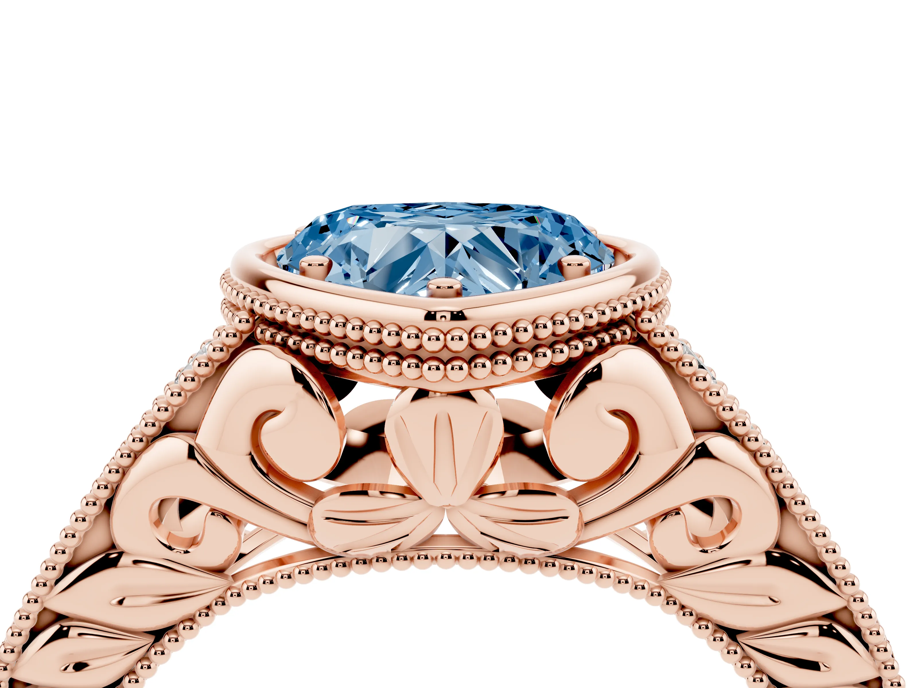 Fancy Blue Bezel Set Heart Cut Diamond Milgrain Pavé Engagement Ring Set in Rose gold