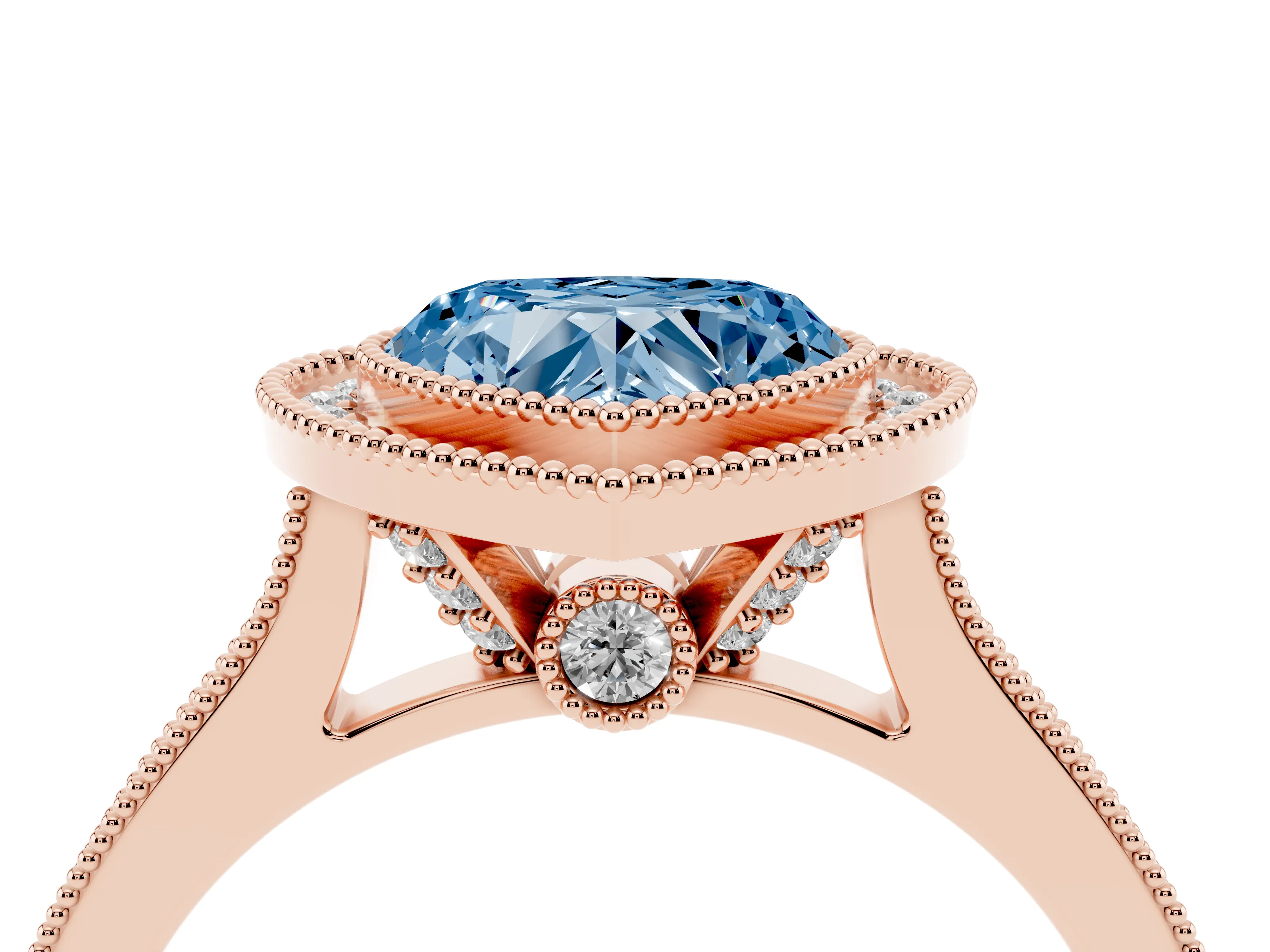 Fancy Blue Heart Cut Diamond Halo Milgrain Pavé Band Ring Set in Rose gold with Prong Setting