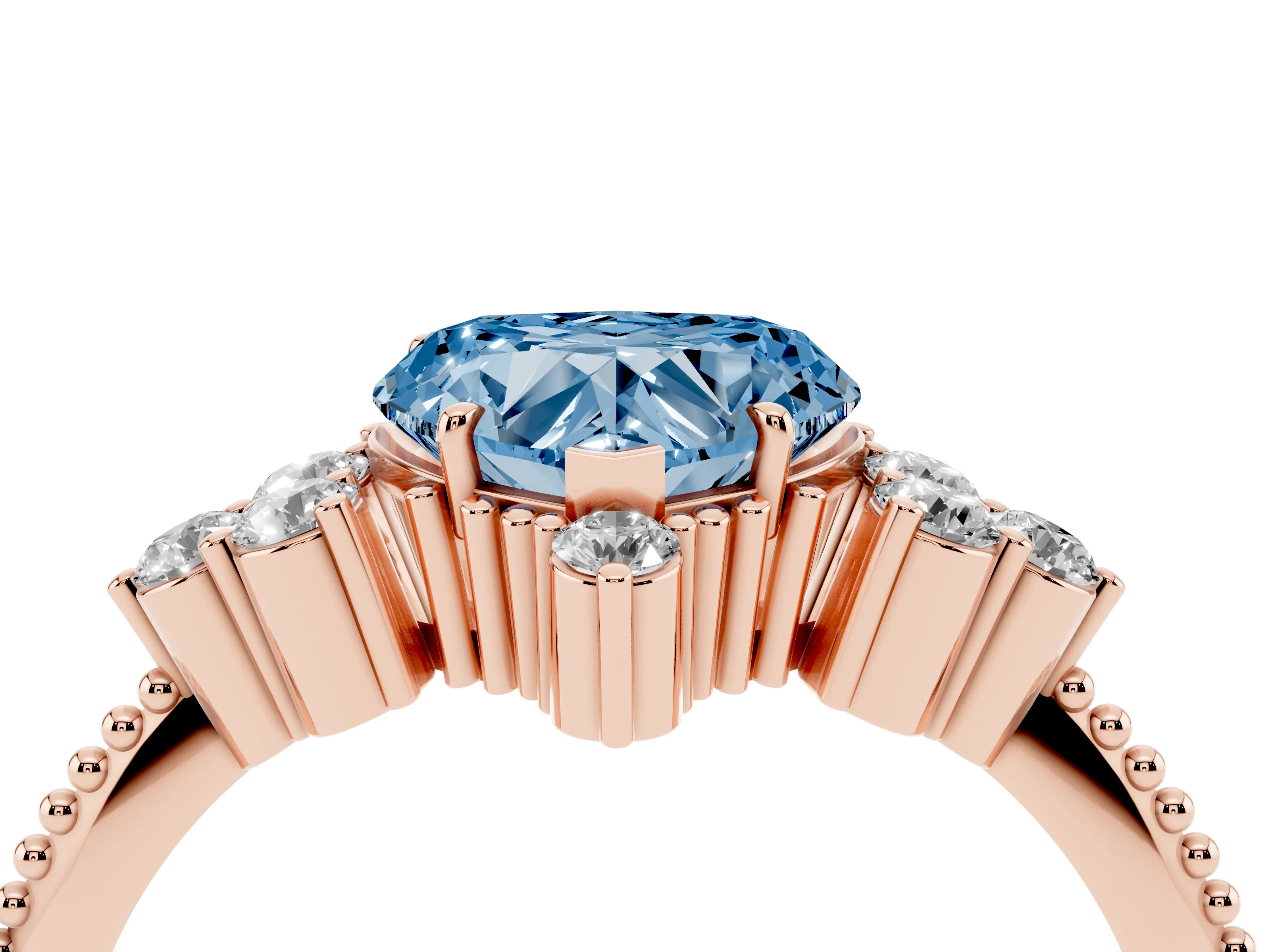 Fancy Blue Heart Cut Diamond Cluster Ring Set in Rose gold with Beaded Band