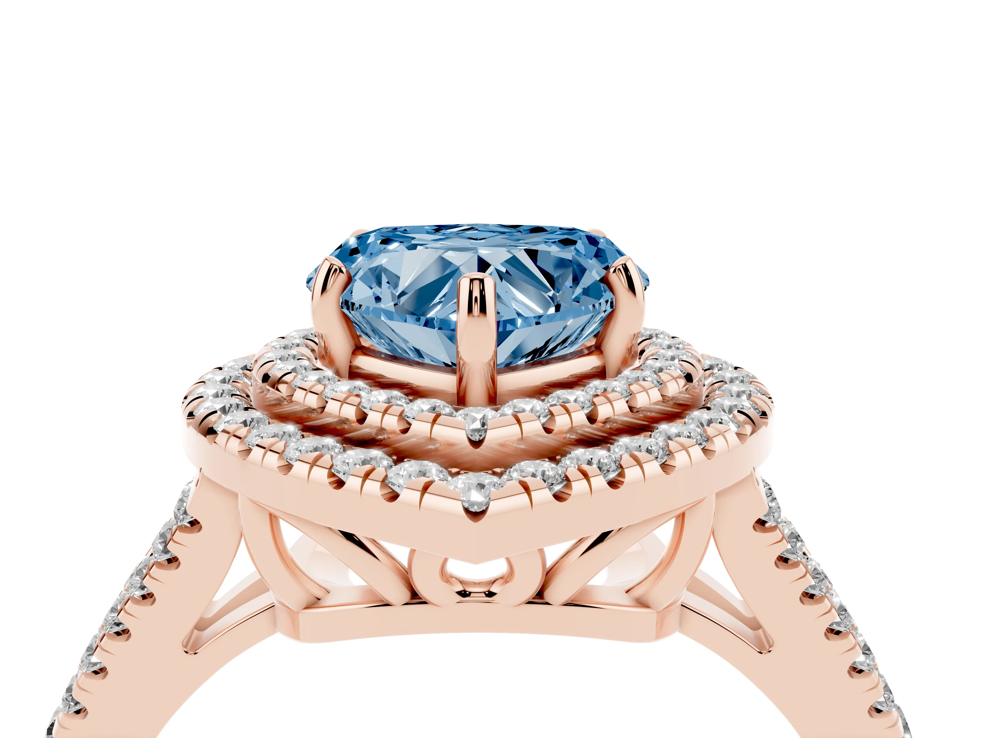 Fancy Blue Heart Cut Diamond Double Halo Ring Set in Rose gold with Pavé Band