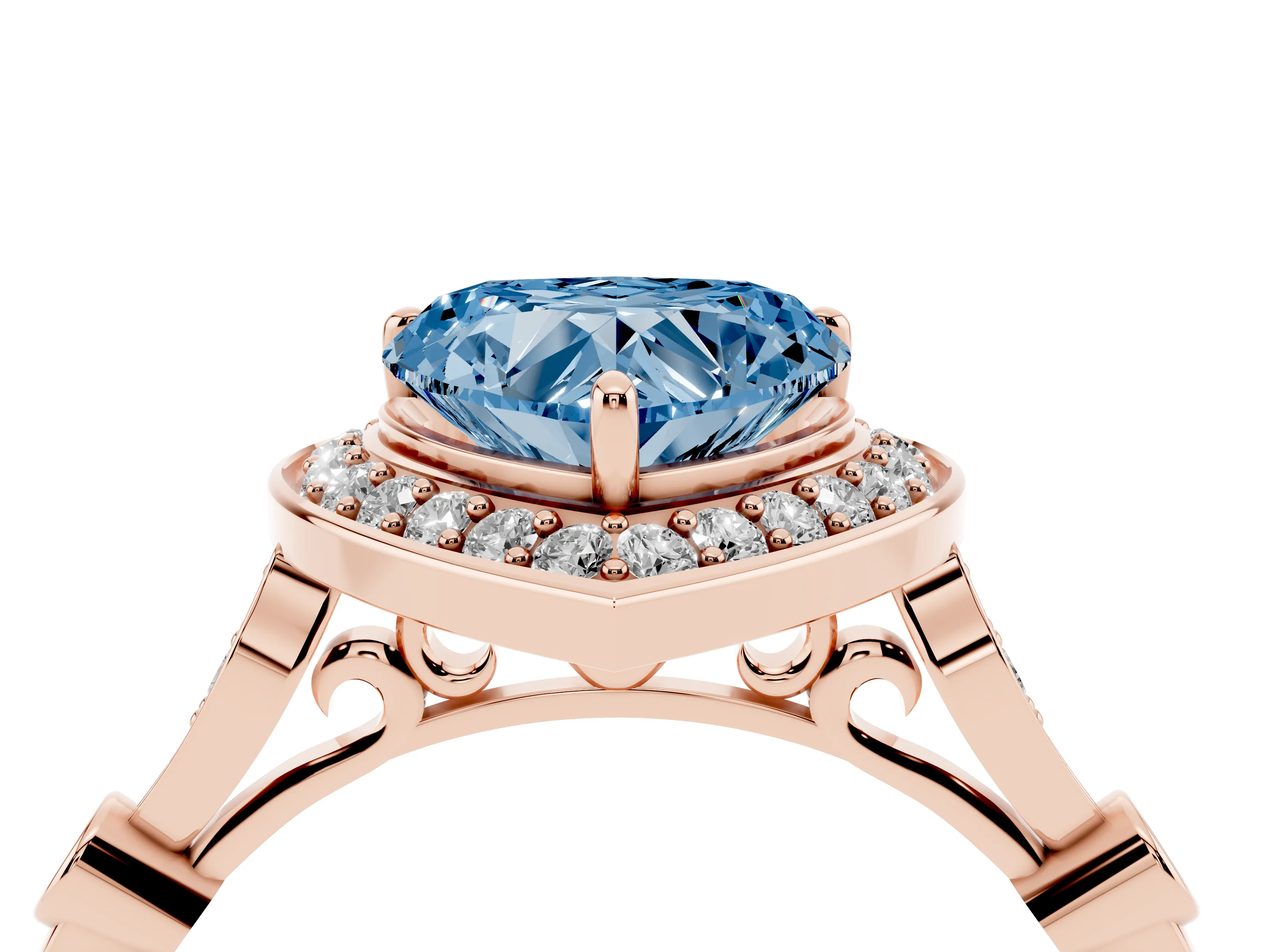 Fancy Blue Heart Cut Diamond Halo Engagement Ring Set in Rose gold with Twisted Band and Prong Setting