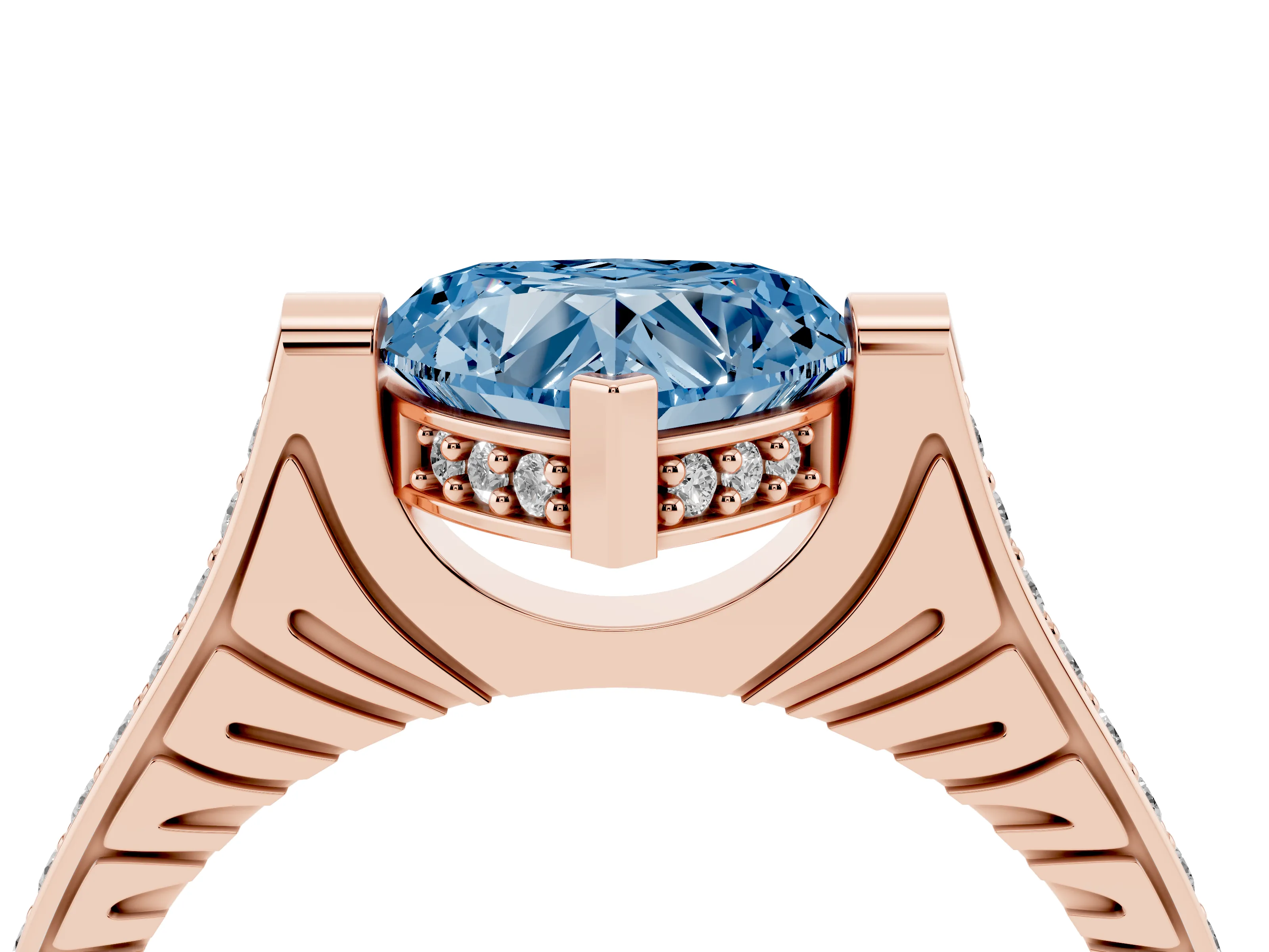Fancy Blue Heart Cut Diamond Solitaire Ring Set in Rose gold with Channel Set Band and Bezel Prong Setting