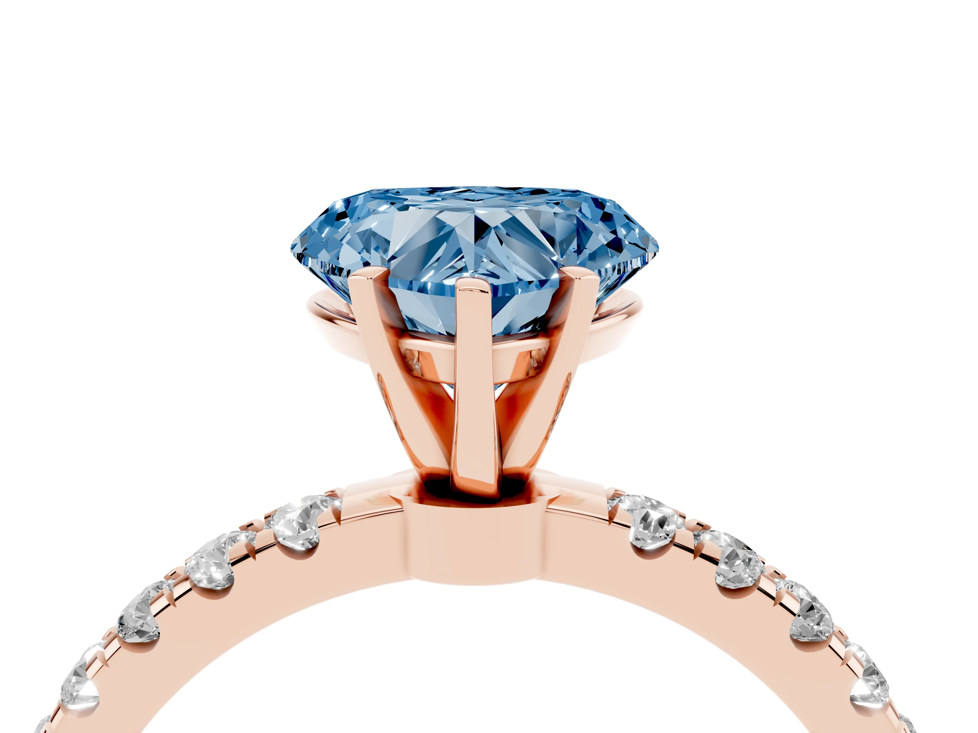 Fancy Blue Heart Cut Diamond Solitaire Ring Set in Rose gold with Pavé Accents and Prong Setting