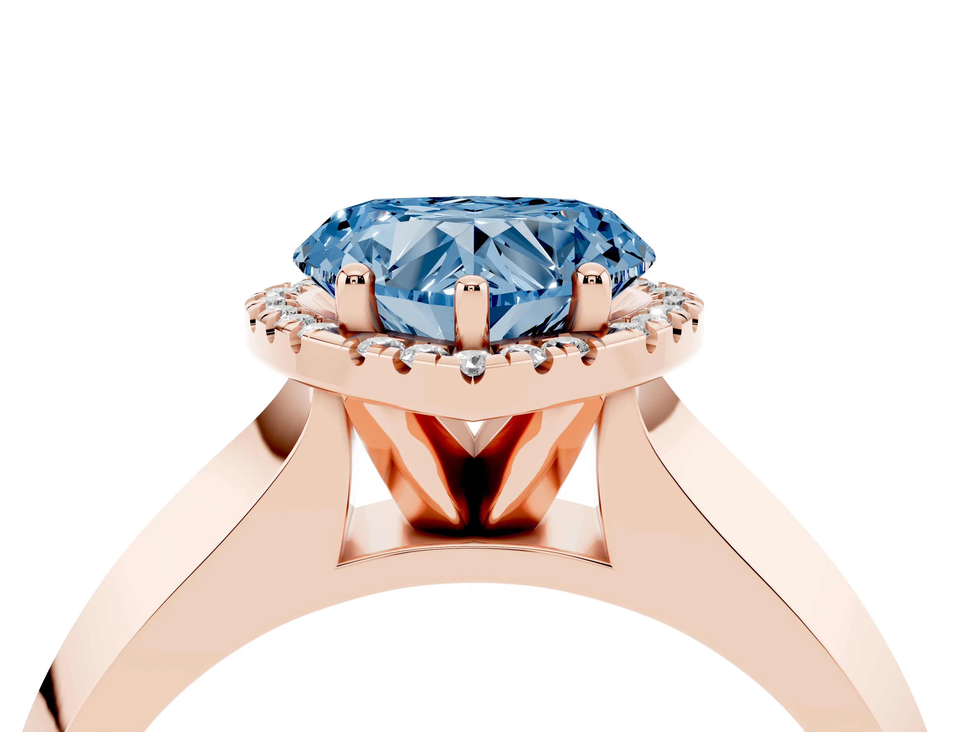 Fancy Blue Heart Cut Diamond Halo Ring Set in Rose gold with Cathedral Band and Prong Setting