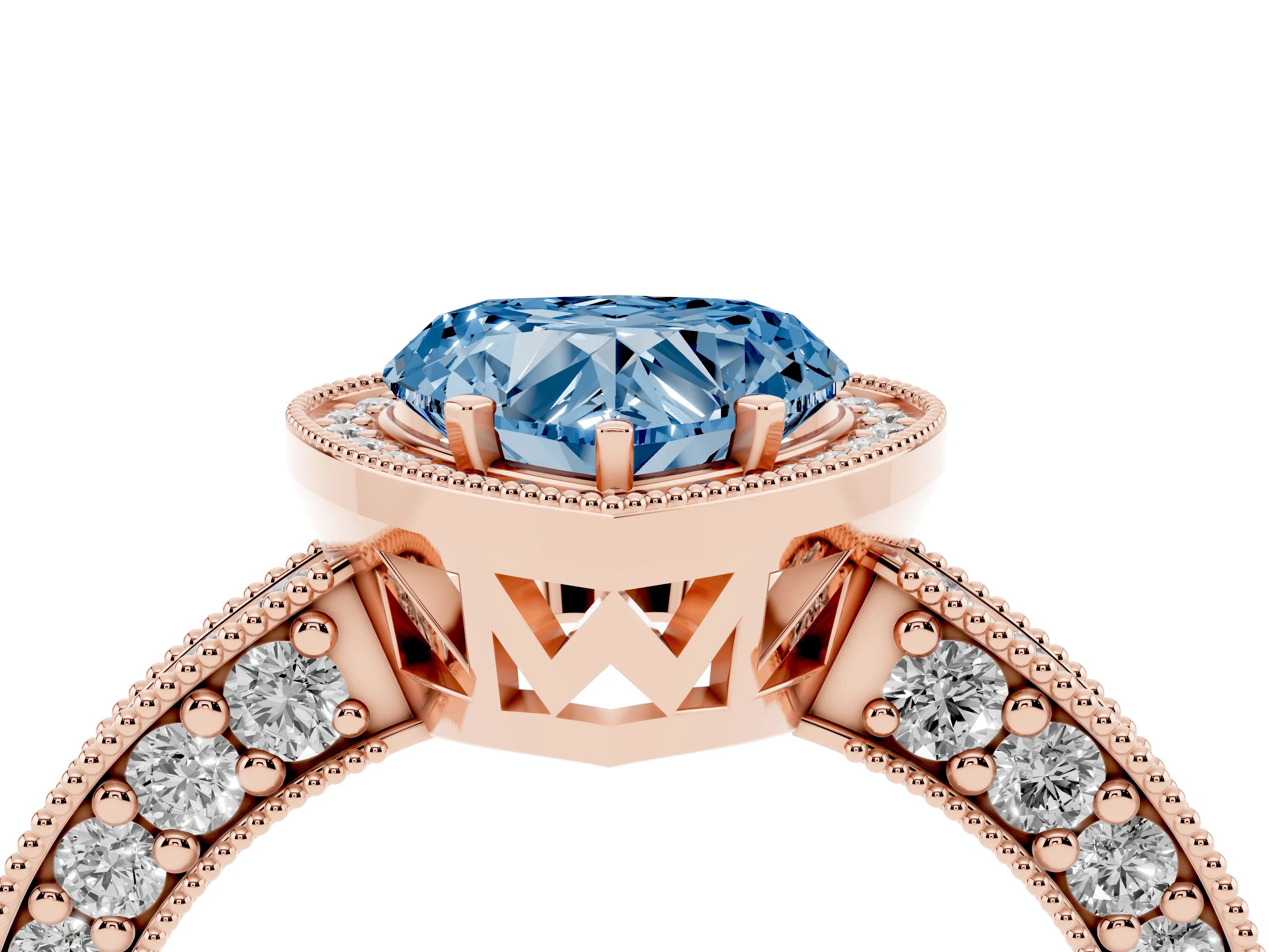 Fancy Blue Heart Cut Diamond Halo Pavé Band Ring Set in Rose gold with Prong-Set Center