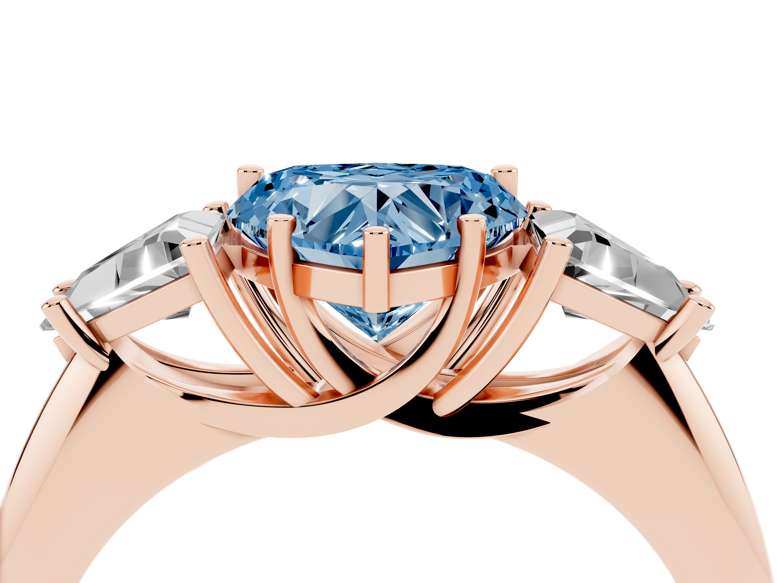 Fancy Blue Heart Cut Diamond Three-Stone Engagement Ring Set in Rose gold with Trillion Side Stones