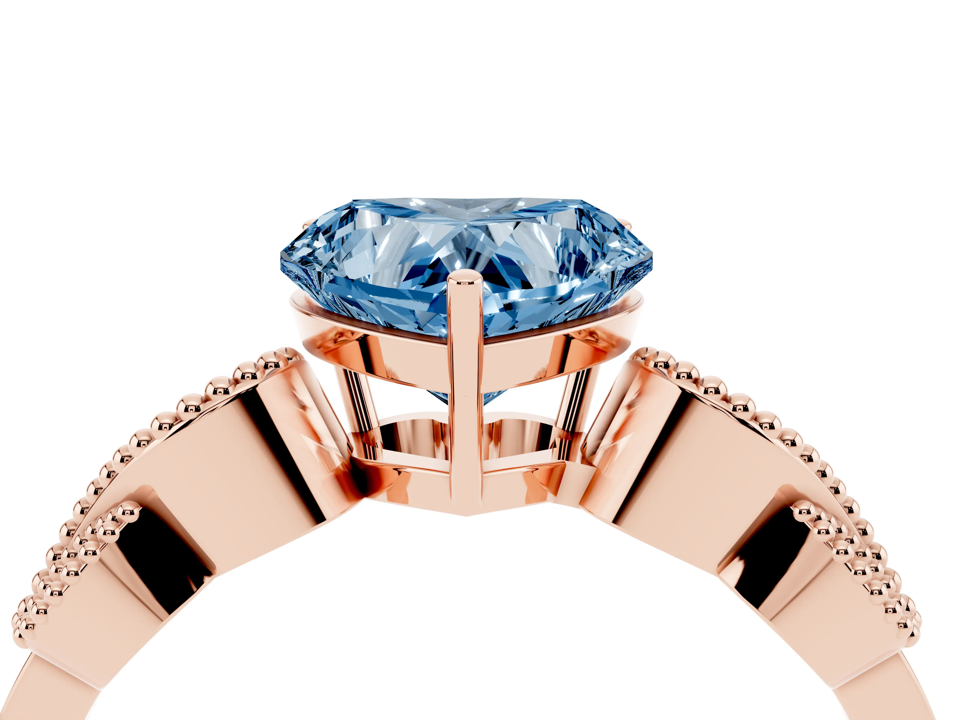 Fancy Blue Heart Cut Diamond Milgrain Leaf Band Solitaire Ring Set in Rose gold with Accent Stones and Prong Setting