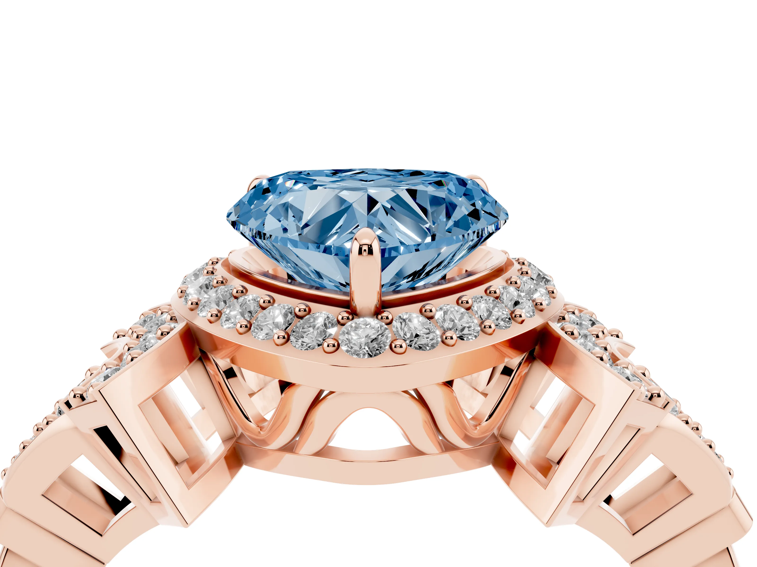 Fancy Blue Heart Cut Diamond Halo Engagement Ring Set in Rose gold with Accent Stone Split Shank