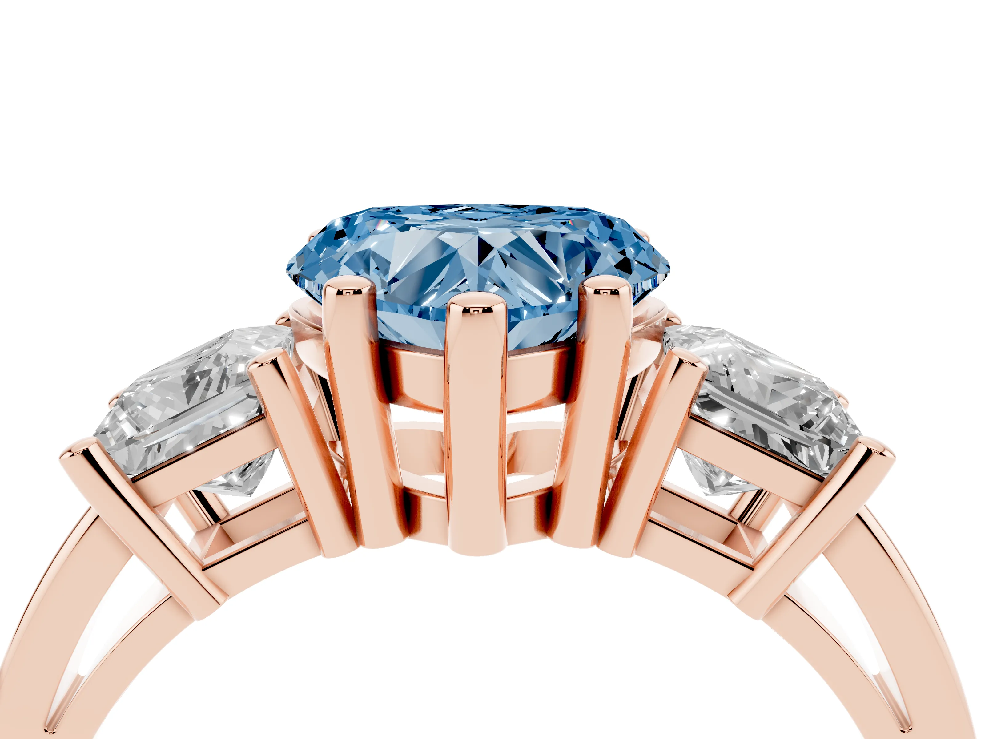 Fancy Blue Three-Stone Heart Cut Diamond Solitaire Ring Set in Rose gold with Prong Setting