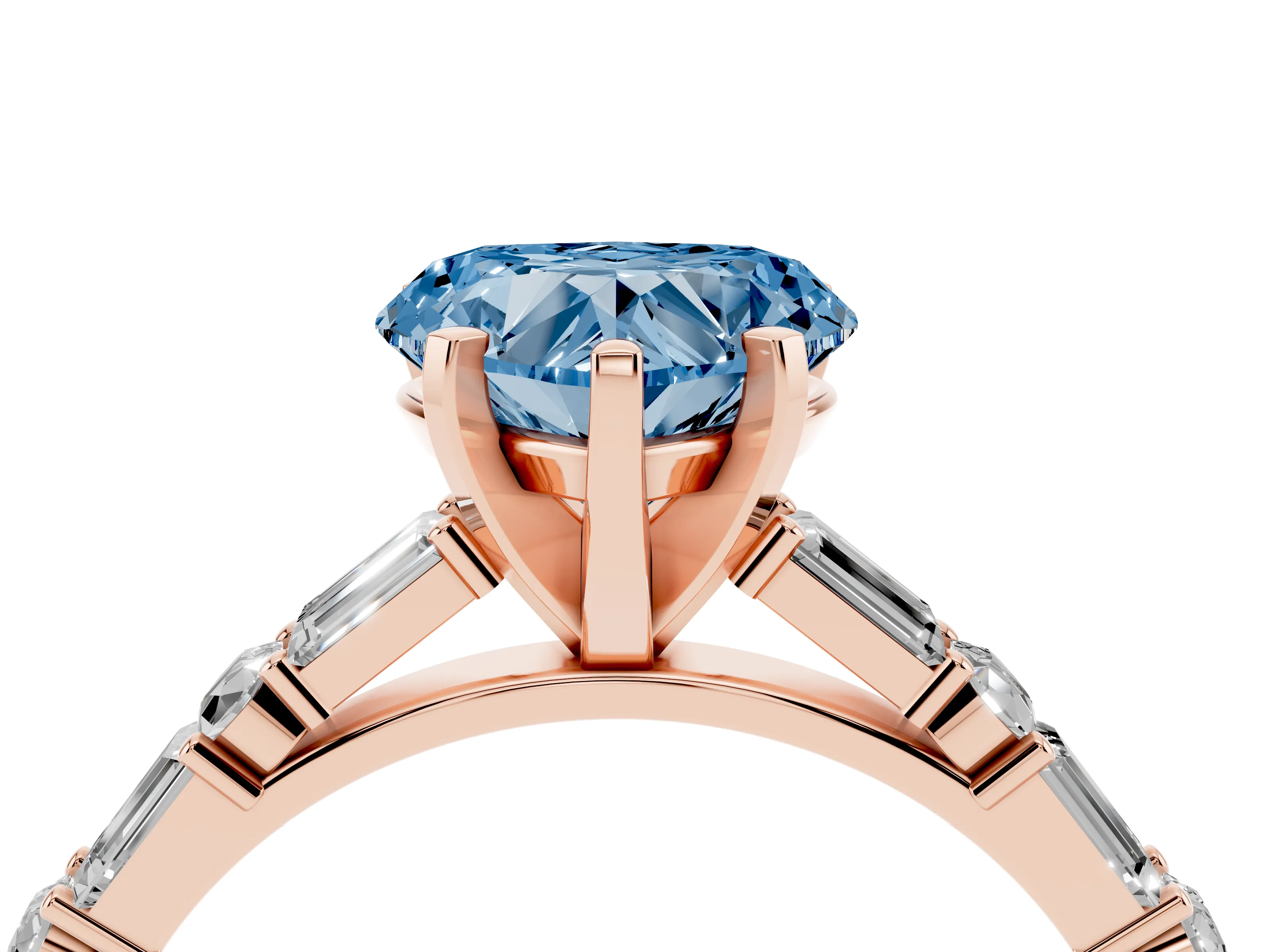 Fancy Blue Heart Cut Diamond Solitaire Set in Rose gold with Side Baguettes and Channel Set Band