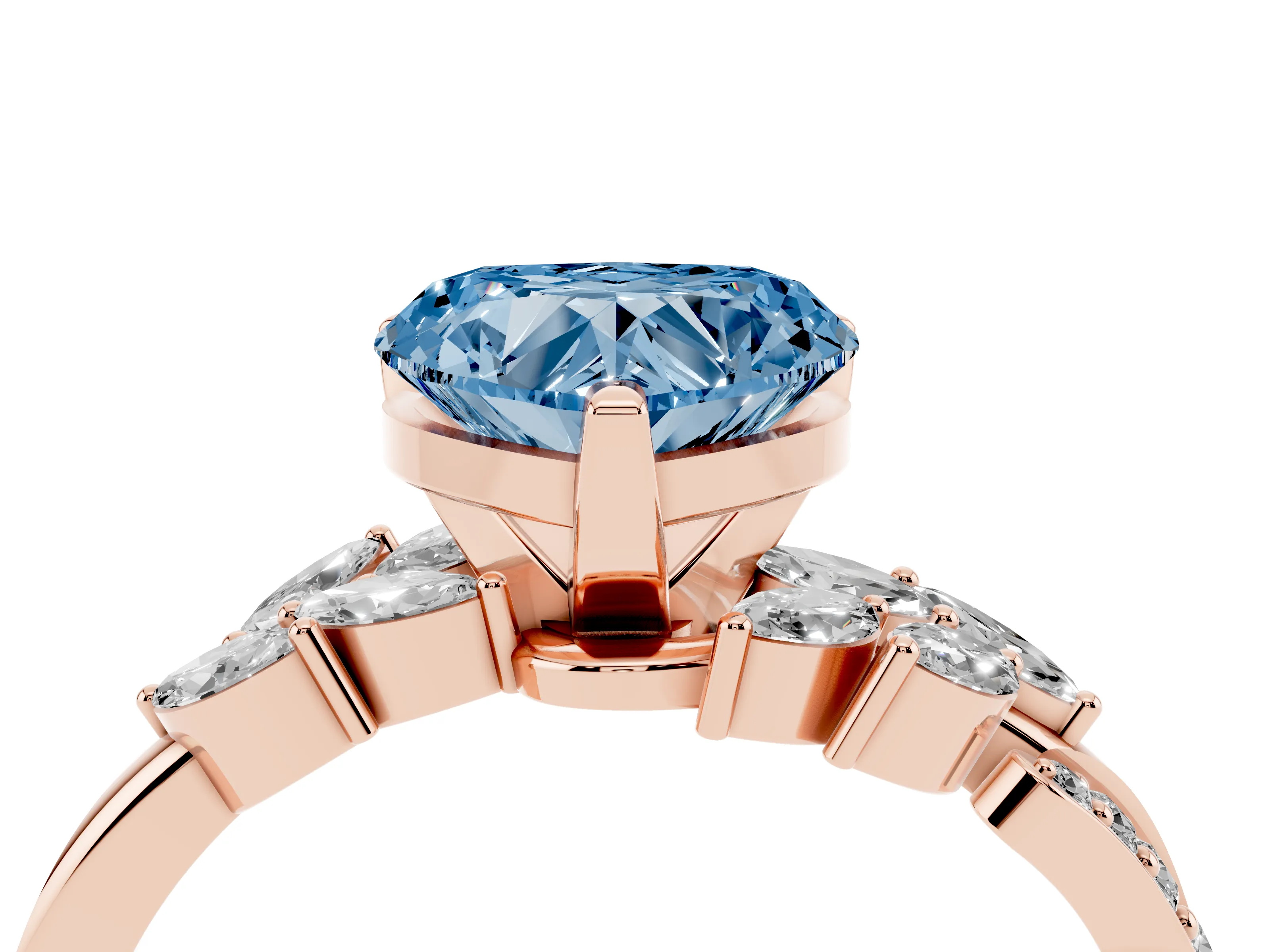 Fancy Blue Heart Cut Diamond Solitaire Ring Set in Rose gold with Marquise Twist Band and Prong Setting