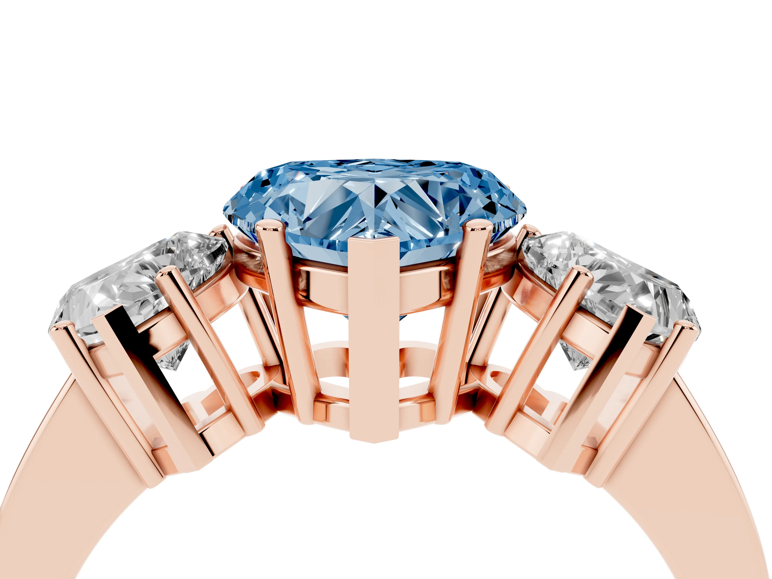 Fancy Blue Heart Cut Diamond Three-Stone Engagement Ring Set in Rose gold with Flat Band