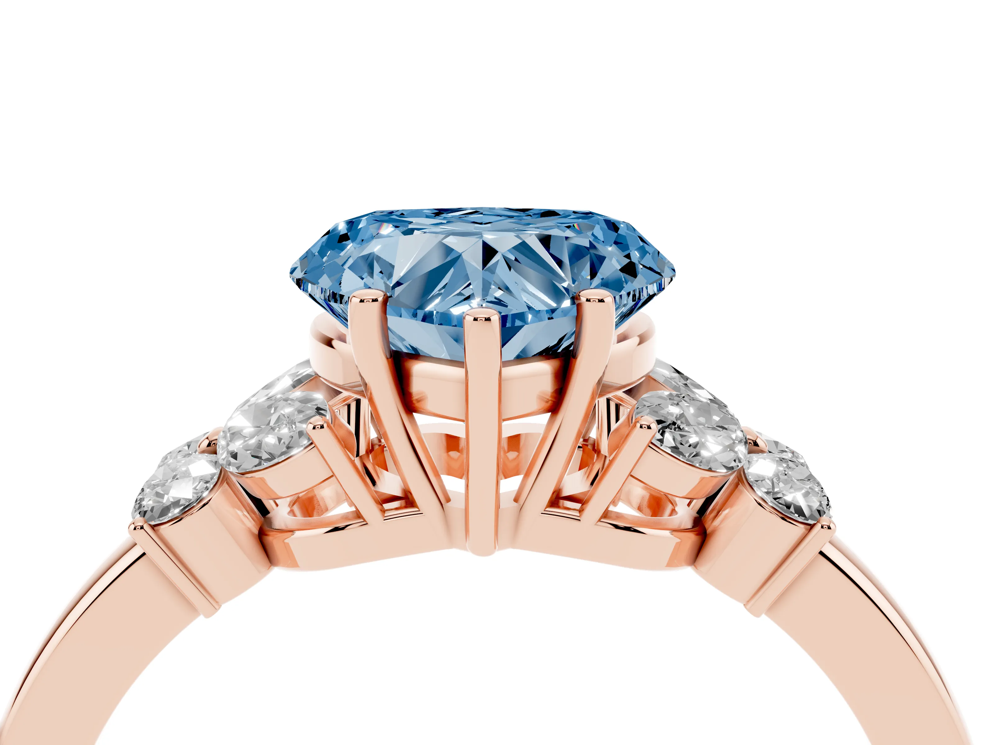 Fancy Blue Heart Cut Diamond Solitaire Floral Ring Set in Rose gold with Marquise Petals and Prong Setting