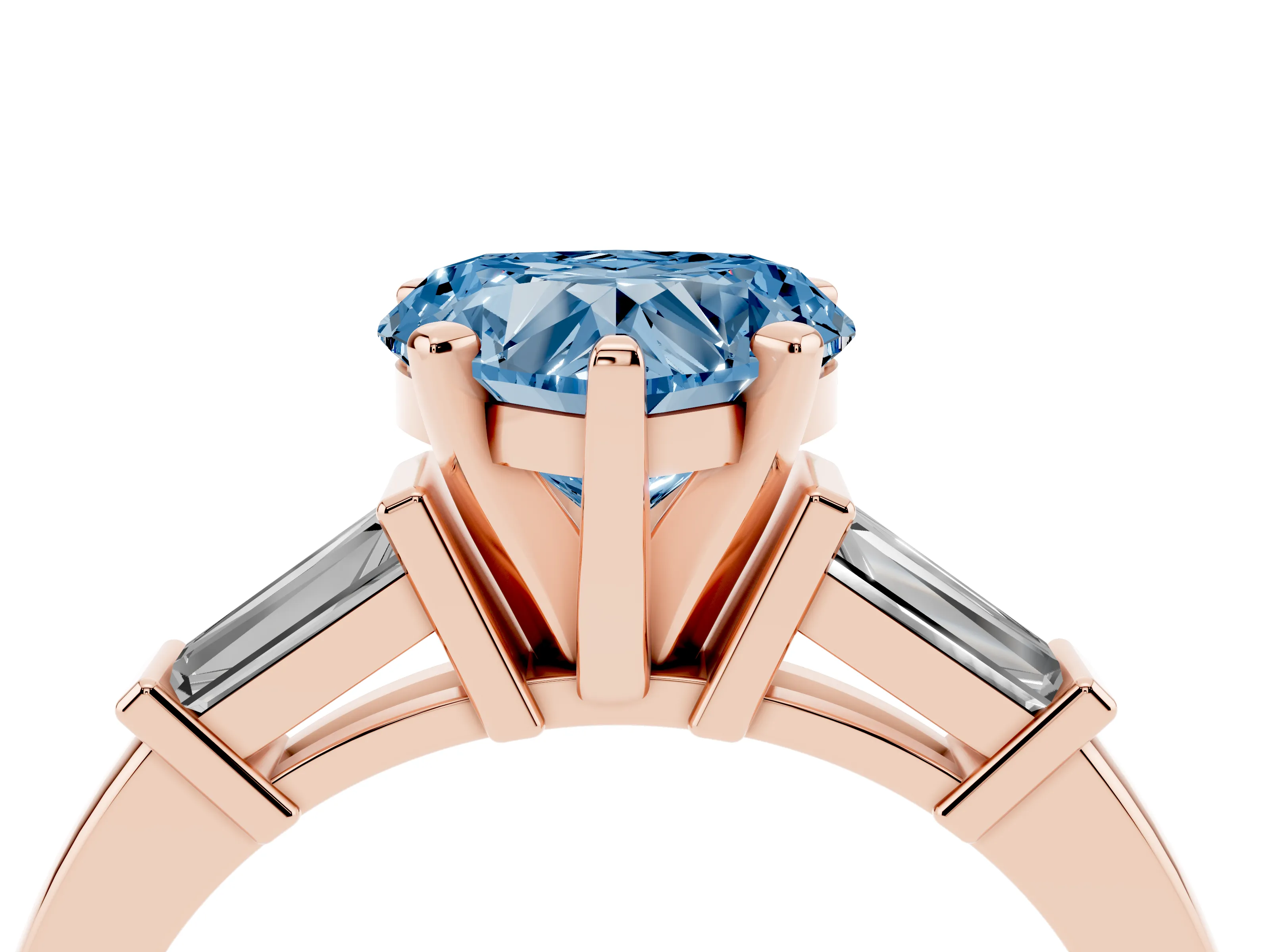 Fancy Blue Heart Cut Diamond Solitaire Ring Set in Rose gold with Tapered Baguette Accents and Prong Setting