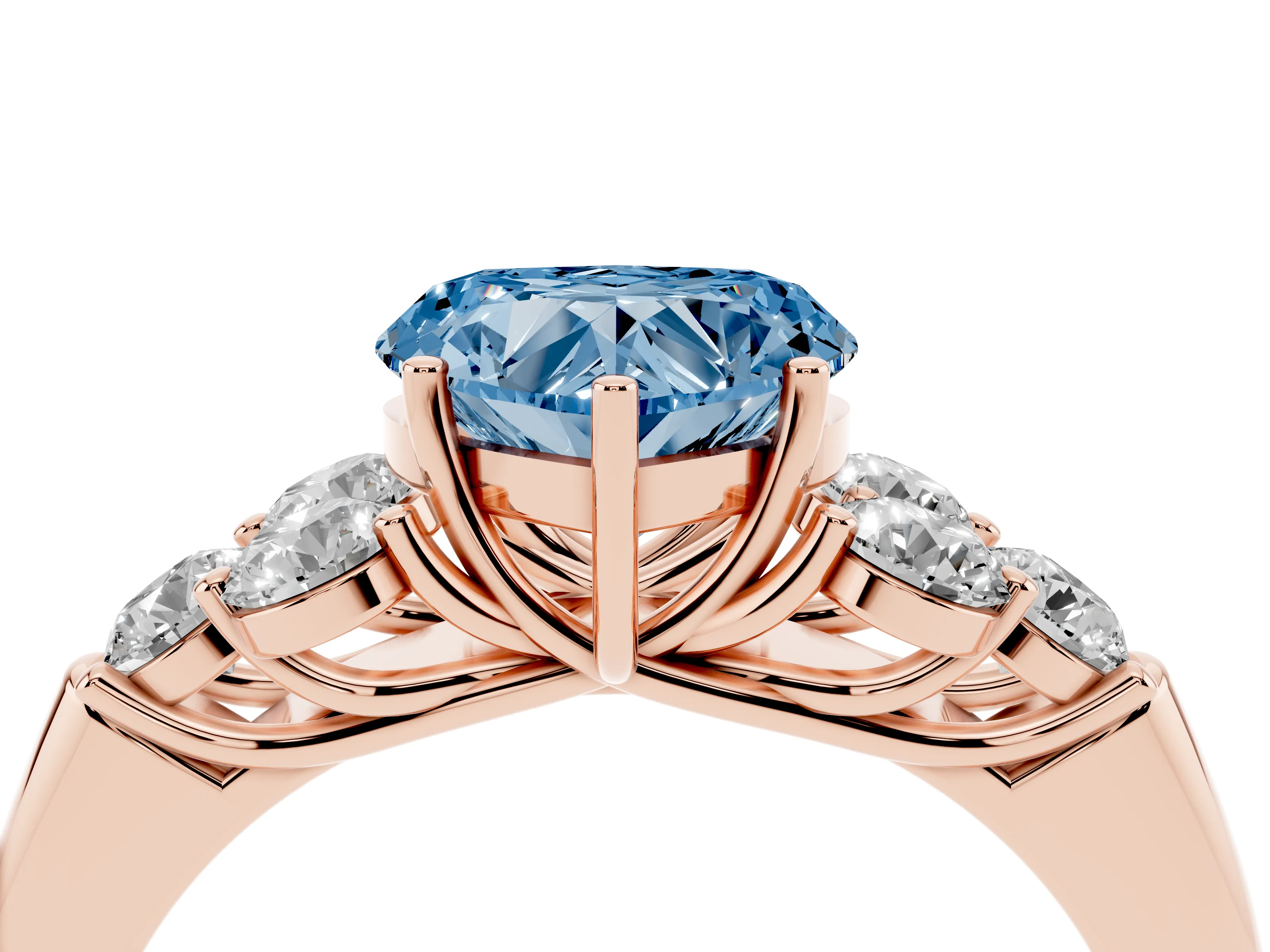 Fancy Blue Heart Cut Diamond Cluster Ring Set in Rose gold with Round Accent Stones and Prong Setting on a Plain Band