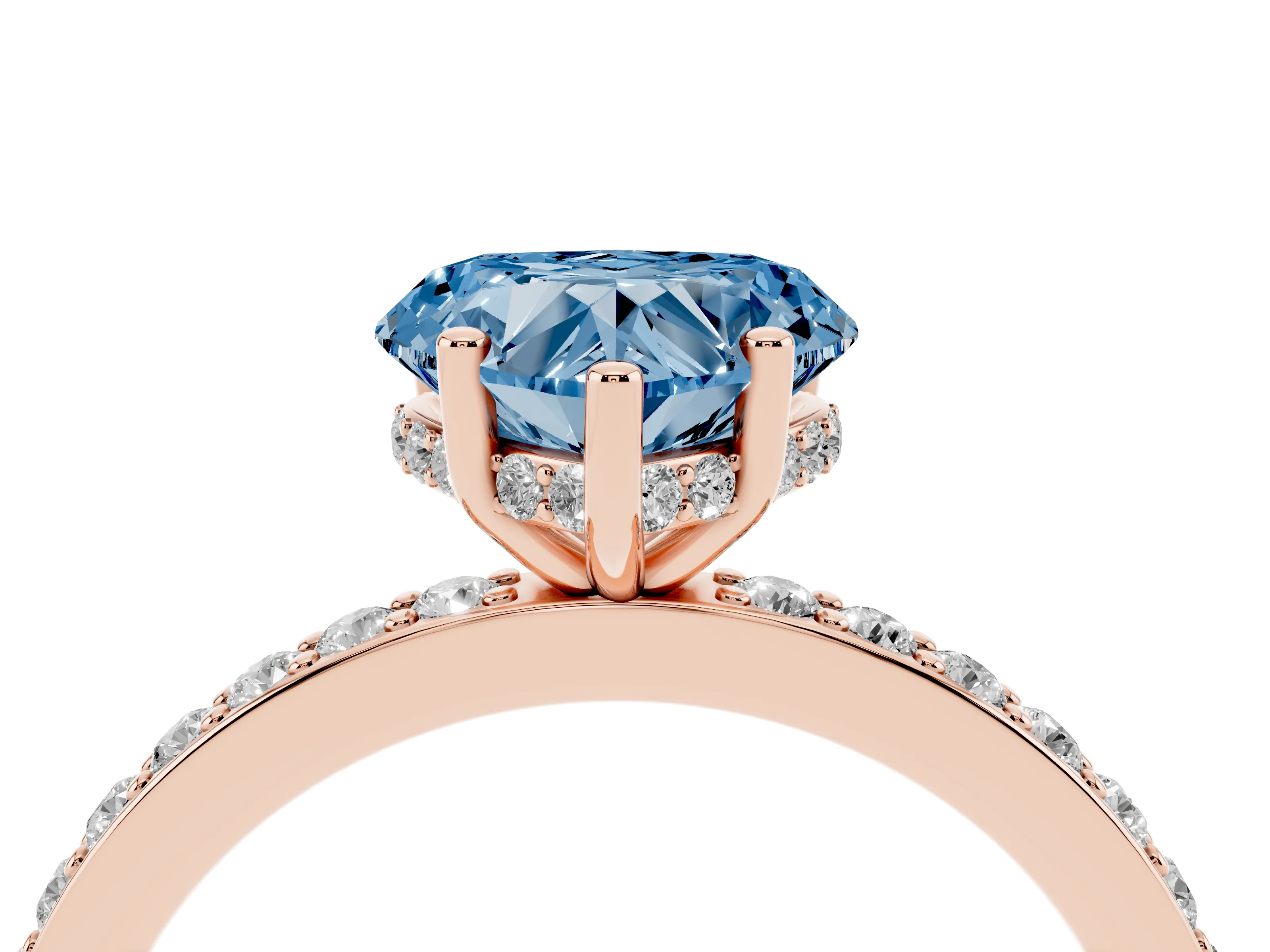 Fancy Blue Heart Cut Diamond Pavé Band Ring Set in Rose gold with Prong-Set Center Stone