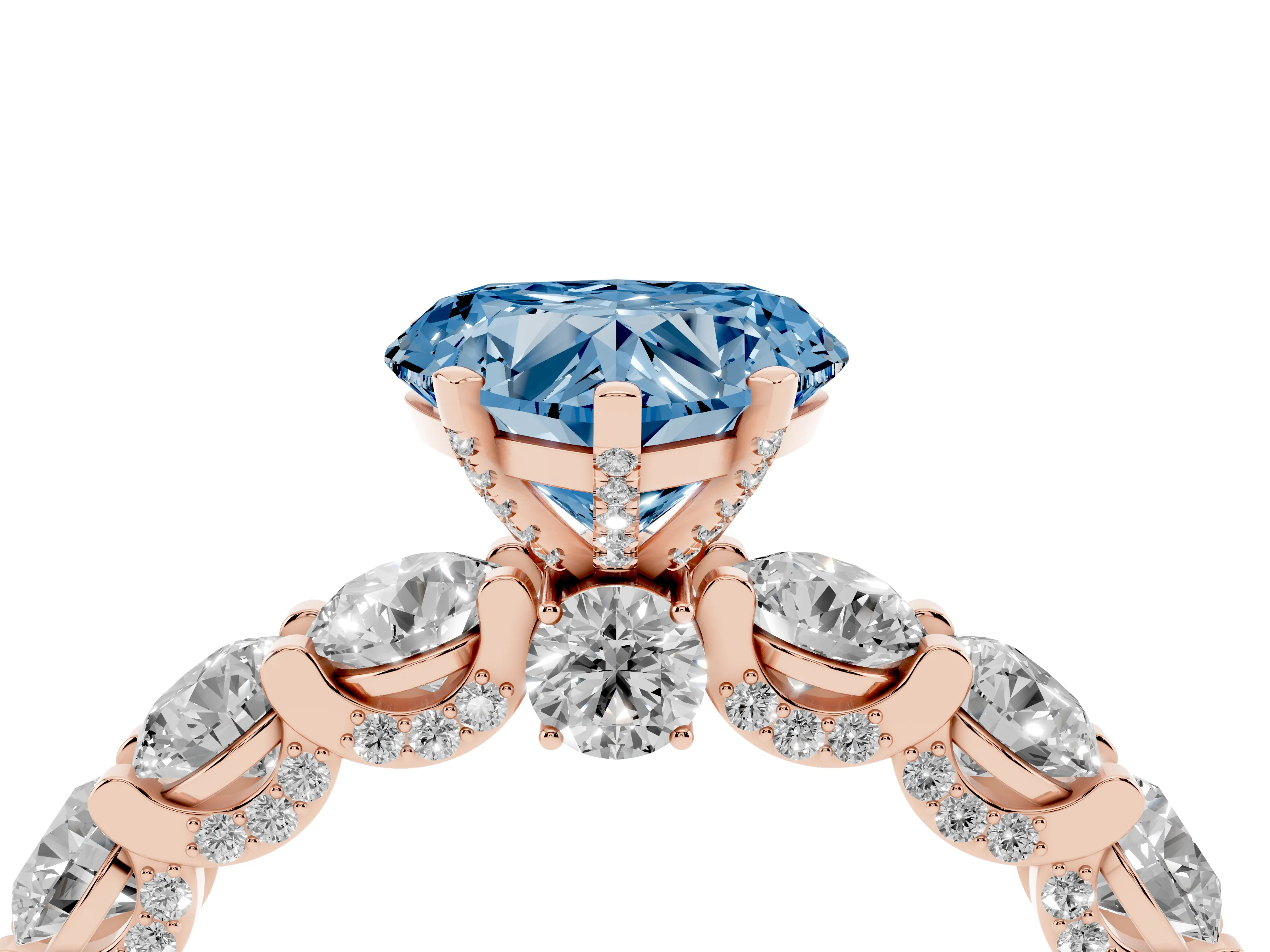 Fancy Blue Heart Cut Diamond Side Stone Ring Set in Rose gold with Alternating Round and Oval Side Stones