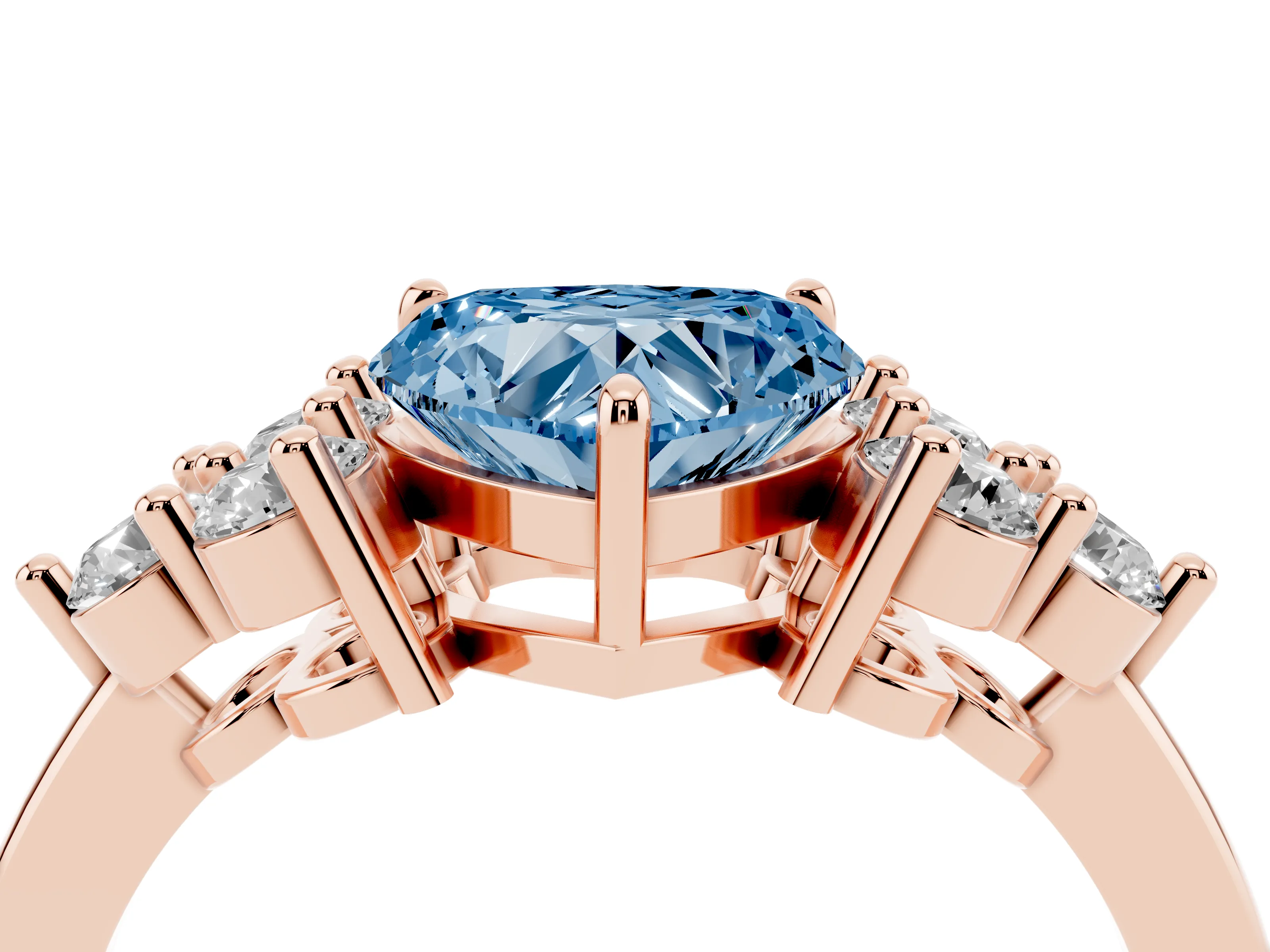 Fancy Blue Heart Cut Diamond Solitaire Ring Set in Rose gold with Cluster Accents on Each Side