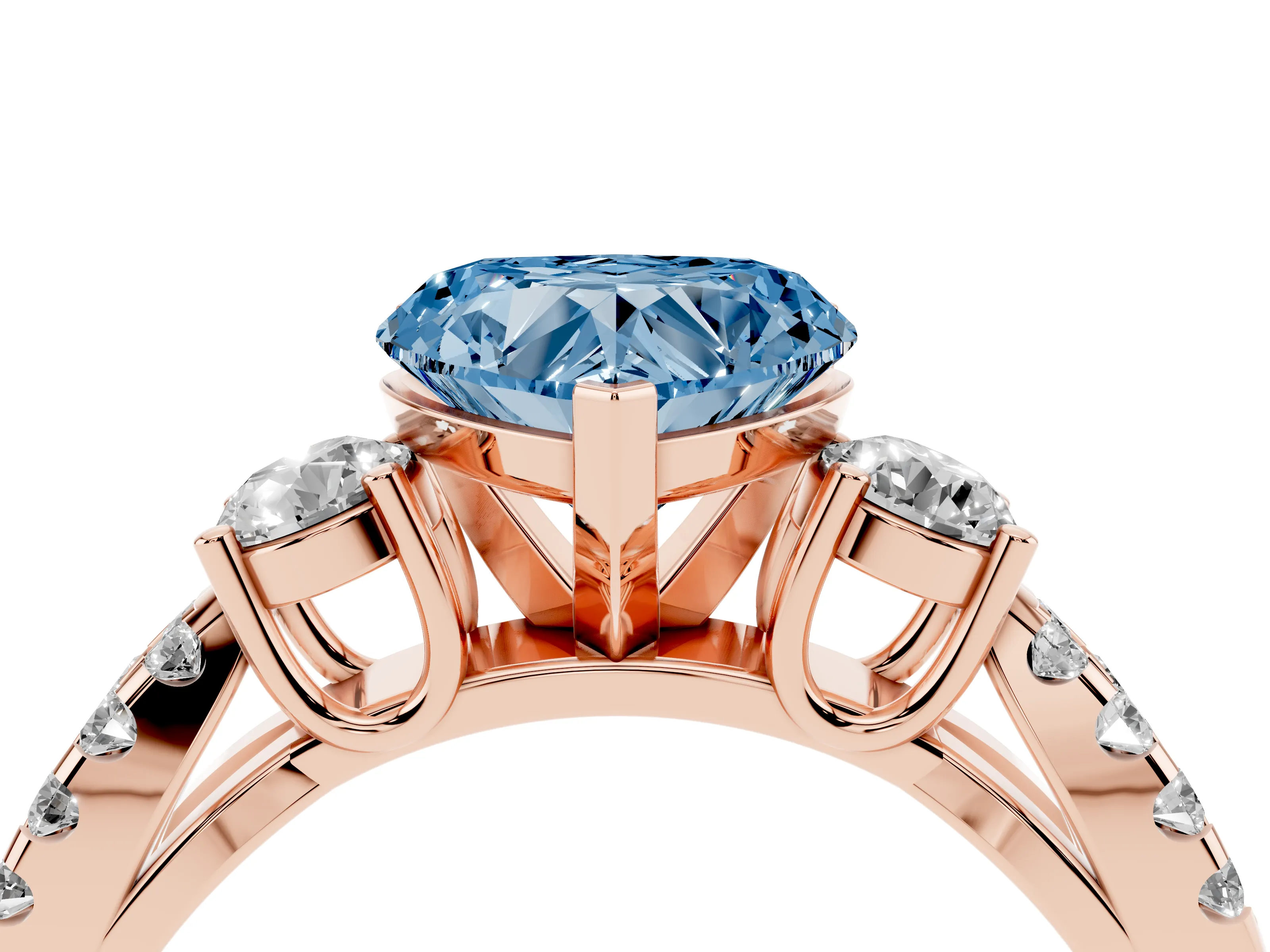 Fancy Blue Heart Cut Diamond Three-Stone Ring Set in Rose gold with Pavé Split Shank and Prong Setting