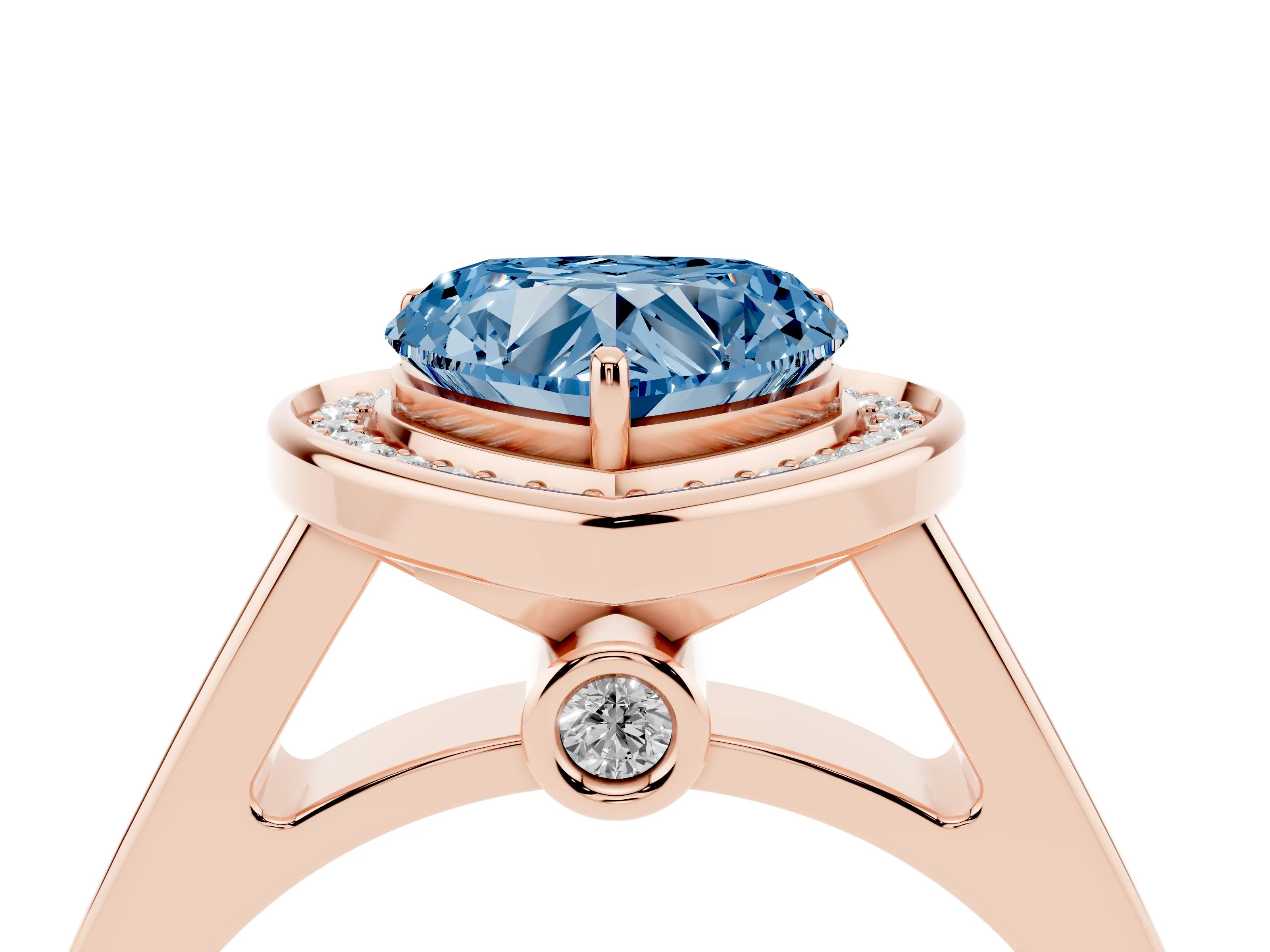 Fancy Blue Heart Cut Diamond Halo Solitaire Ring Set in Rose gold with Pavé Band and Bezel Setting