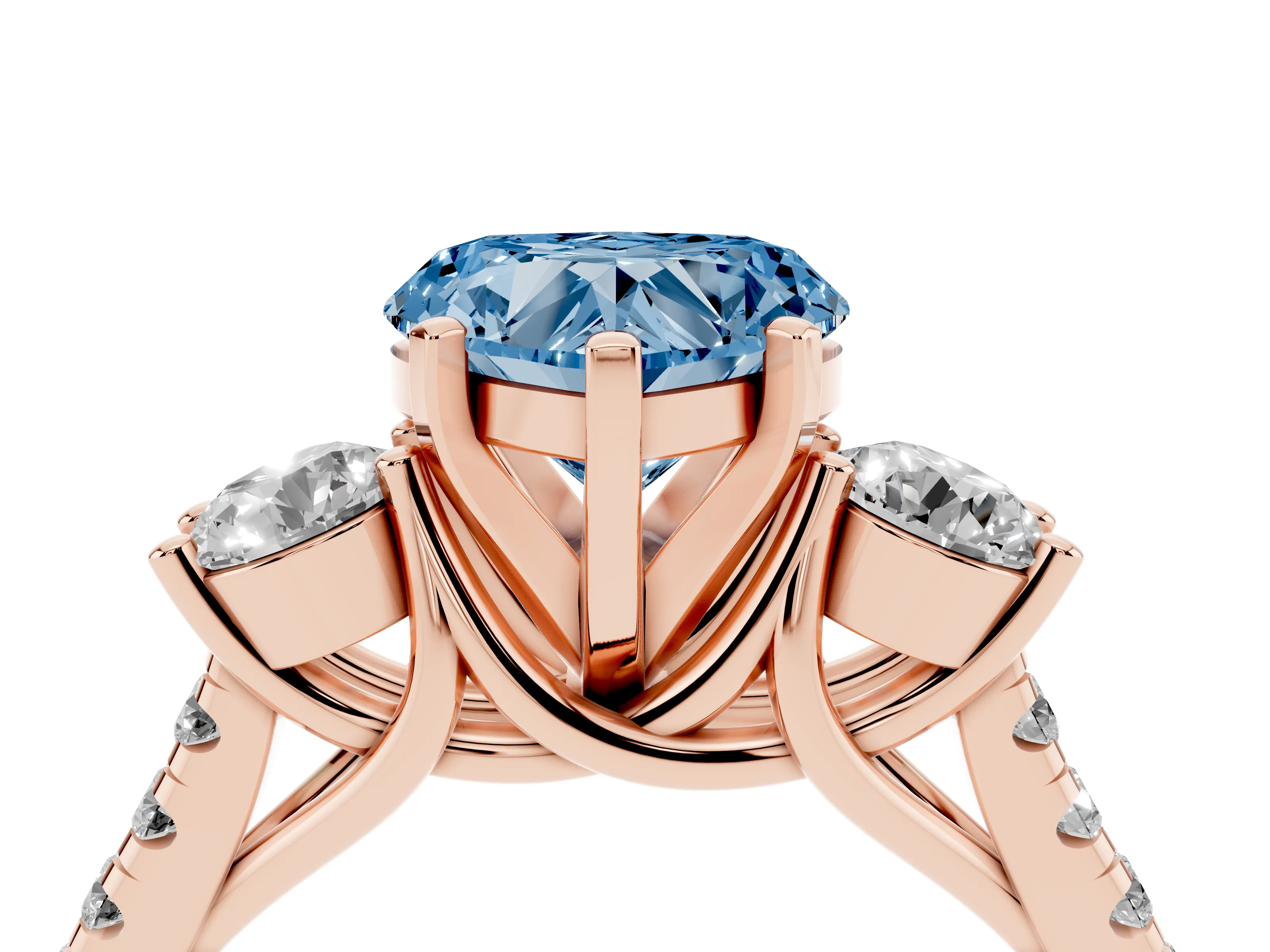 Fancy Blue Three-Stone Heart Cut Diamond Pavé Band Ring Set in Rose gold with Prong-Set Trio