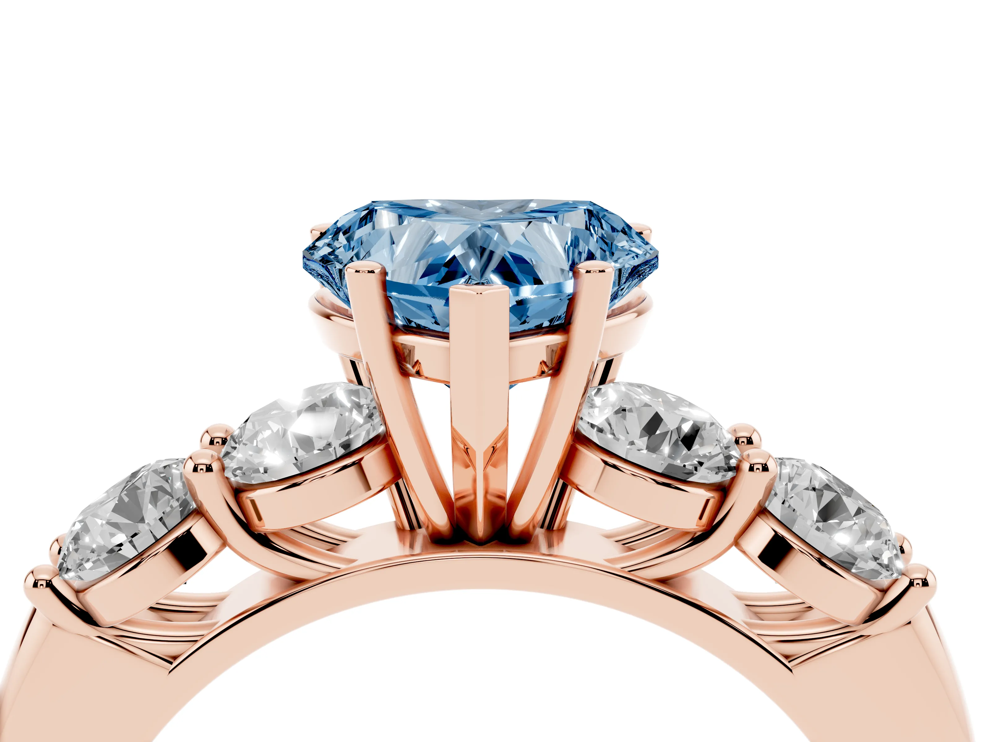 Fancy Blue Heart Cut Diamond Five-Stone Prong Set Ring Set in Rose gold with Classic Band