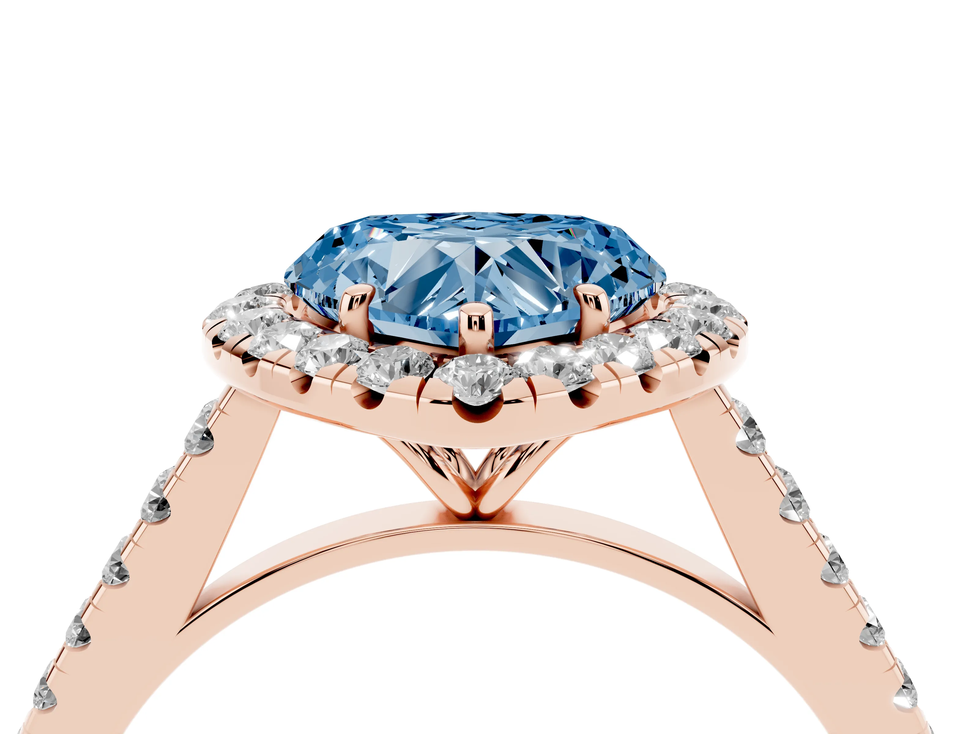 Fancy Blue Heart Cut Diamond Halo Pavé Engagement Ring Set in Rose gold with Prong Setting