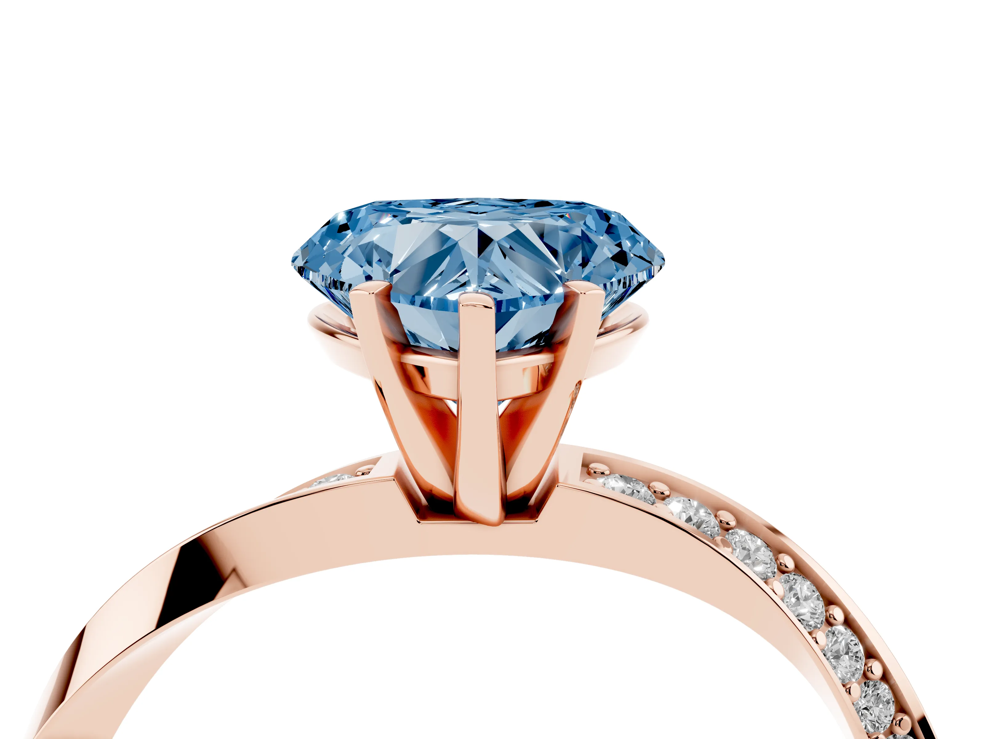 Fancy Blue Heart Cut Diamond Engagement Ring Set in Rose gold with Side Stone Accents and Prong Setting