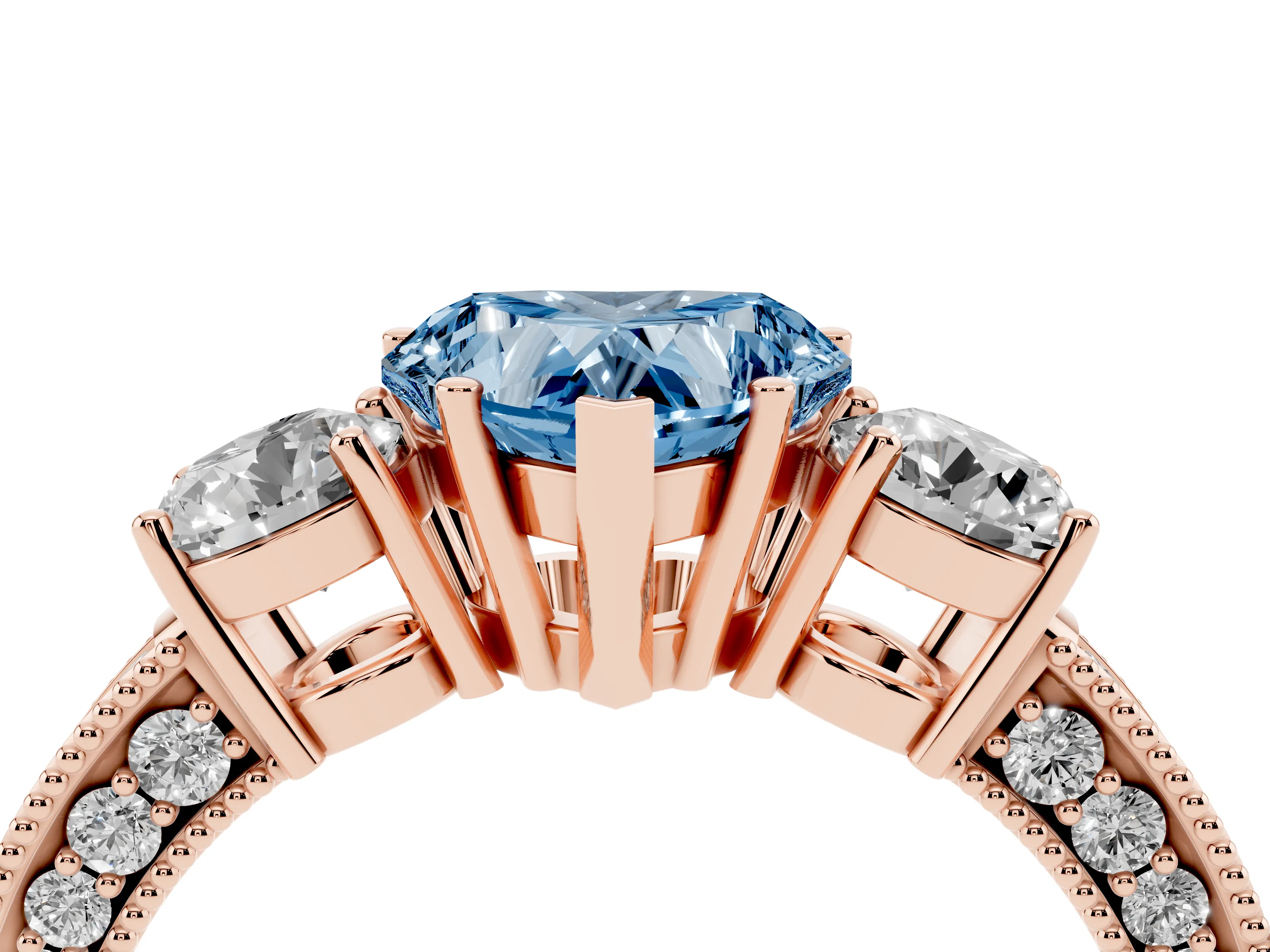 Fancy Blue Heart Cut Diamond Three-Stone Ring Set in Rose gold with Round Side Stones and Pavé Band