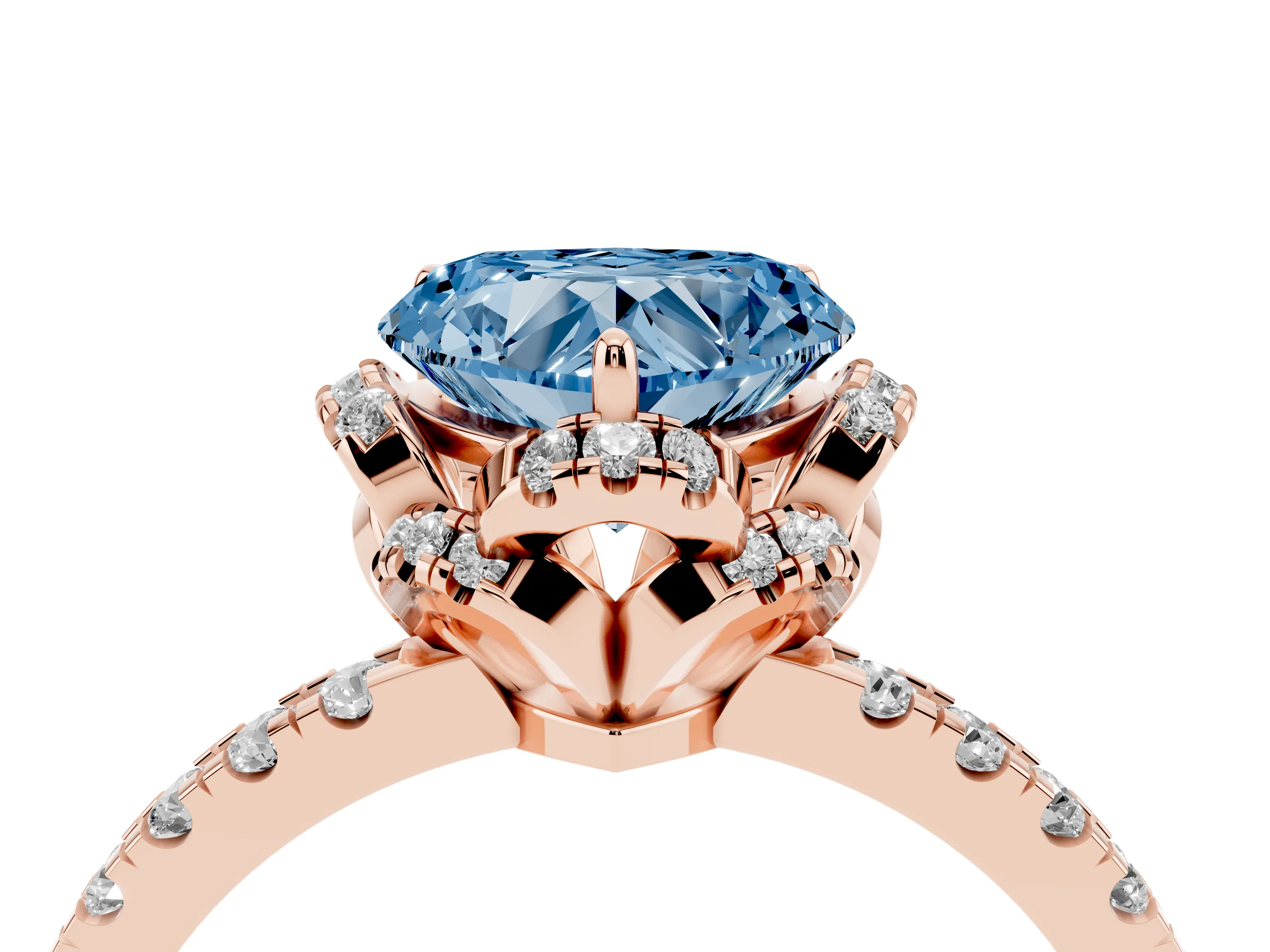 Fancy Blue Heart Cut Diamond Halo Pavé Band Ring Set in Rose gold with Prong-Held Center