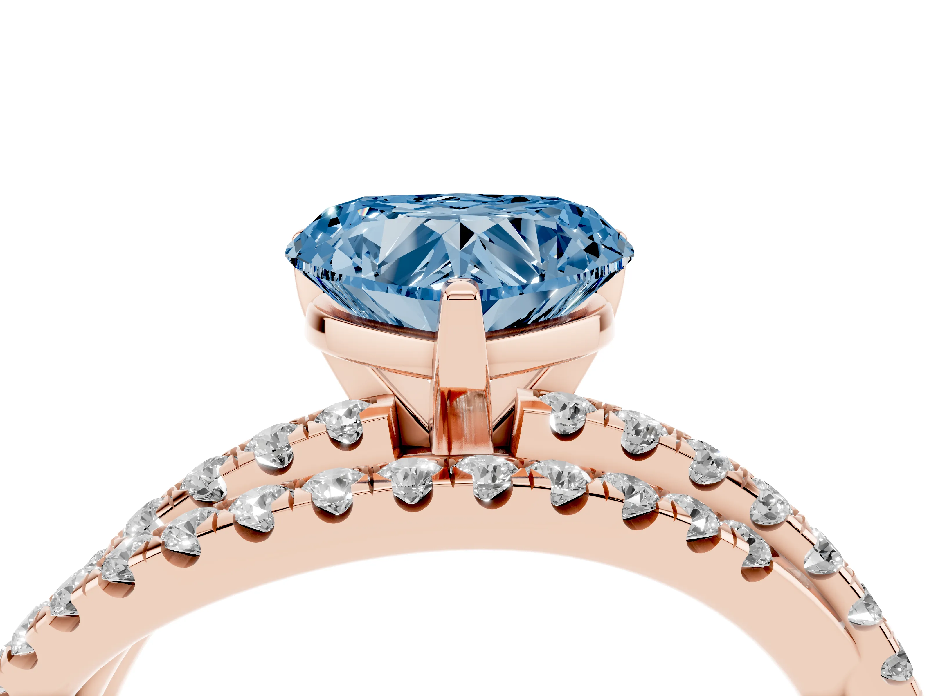 Fancy Blue Heart Cut Diamond Solitaire Twist Band Ring Set in Rose gold with Pavé Setting and Prong Head