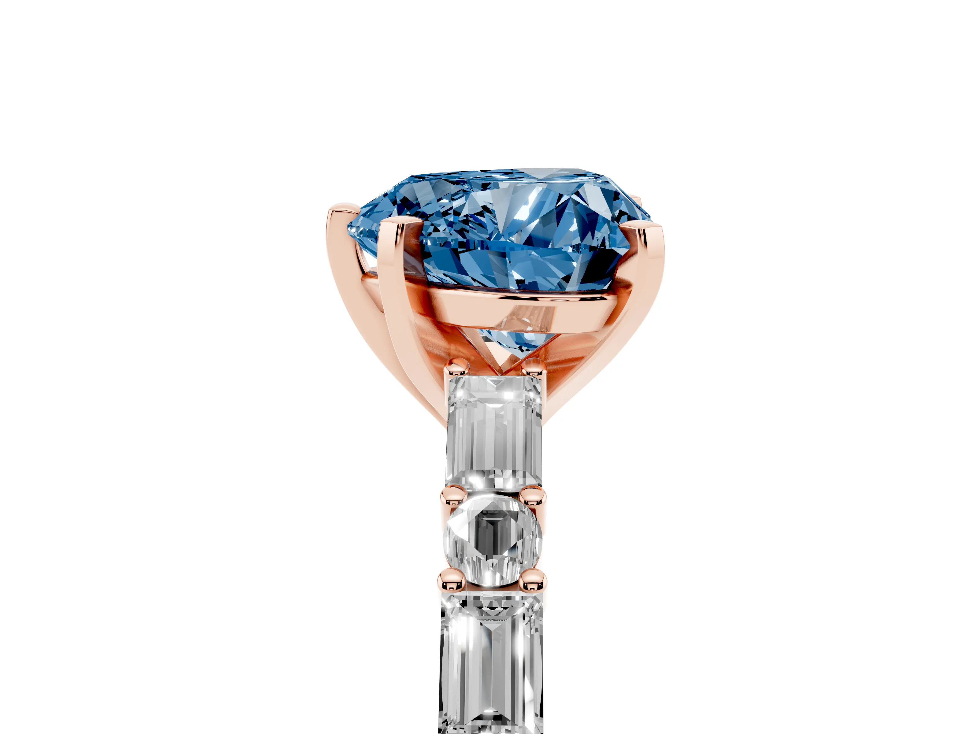 Fancy Blue Heart Cut Diamond Solitaire Set in Rose gold with Side Baguettes and Channel Set Band