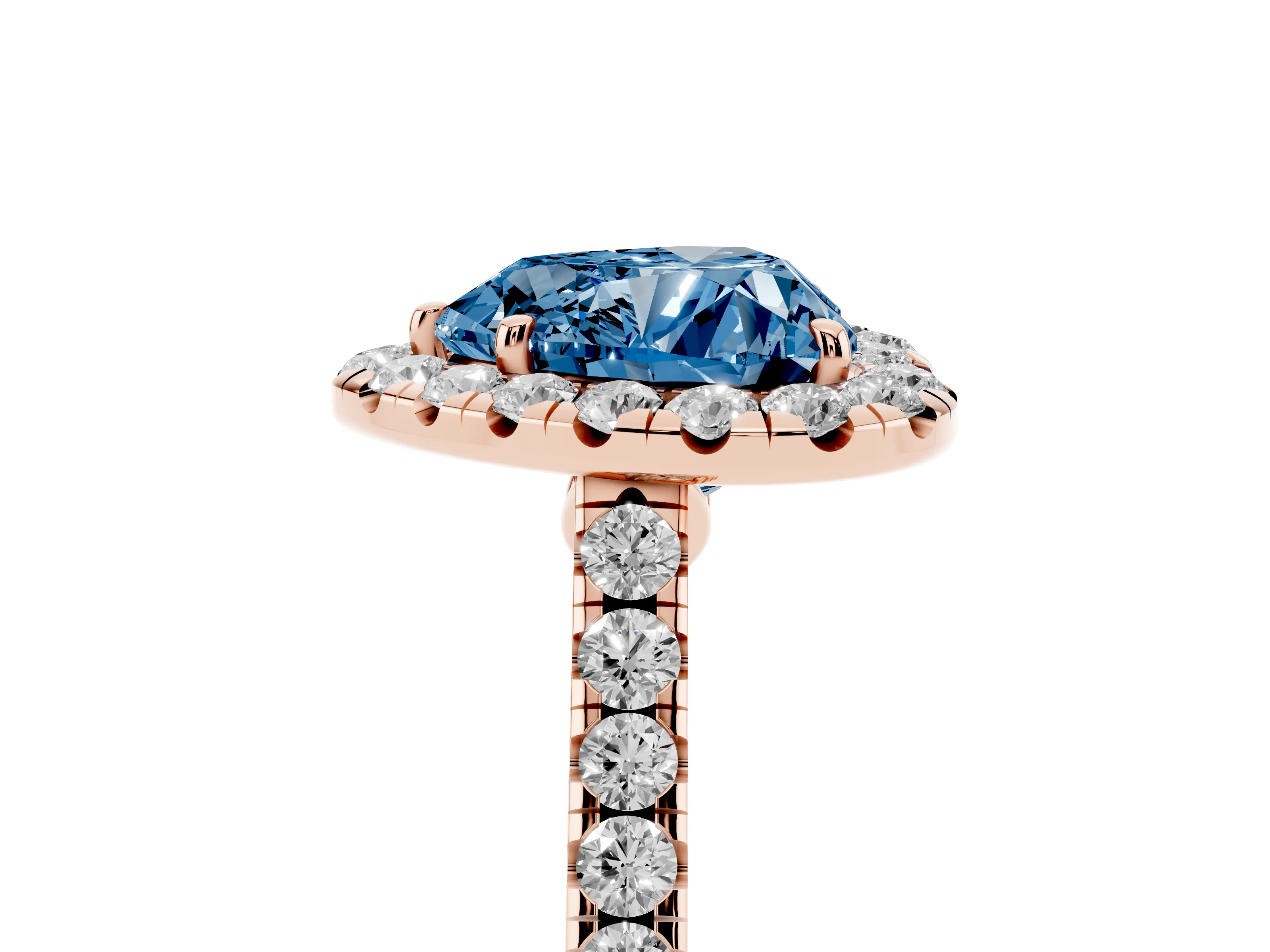 Fancy Blue Heart Cut Diamond Halo Pavé Engagement Ring Set in Rose gold with Prong Setting