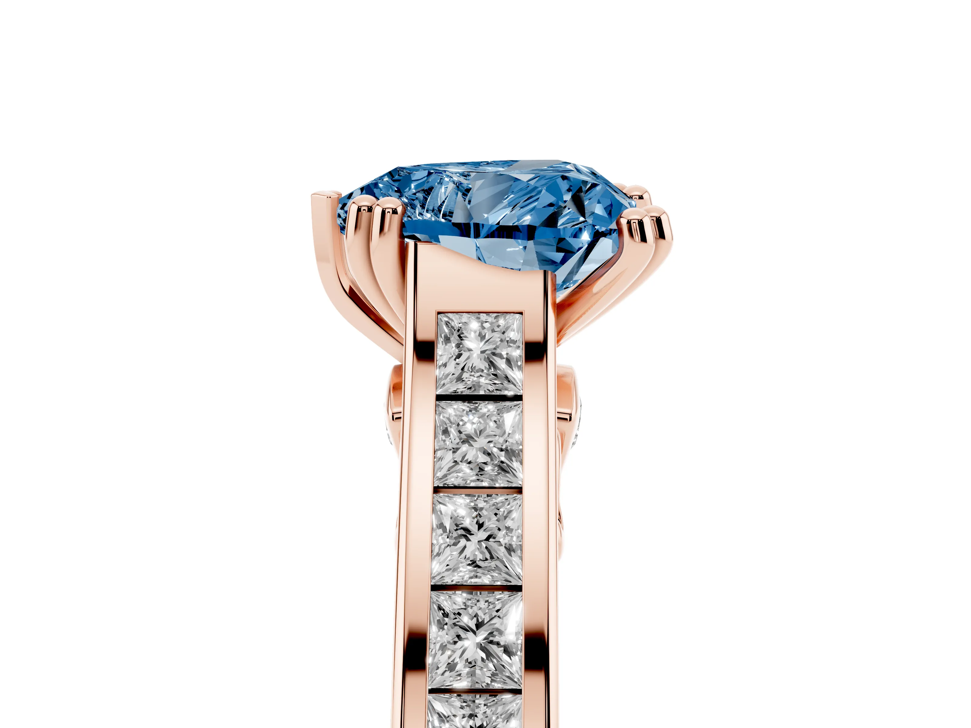 Fancy Blue Heart Cut Diamond Channel Set Solitaire Engagement Ring Set in Rose gold with Prong Setting