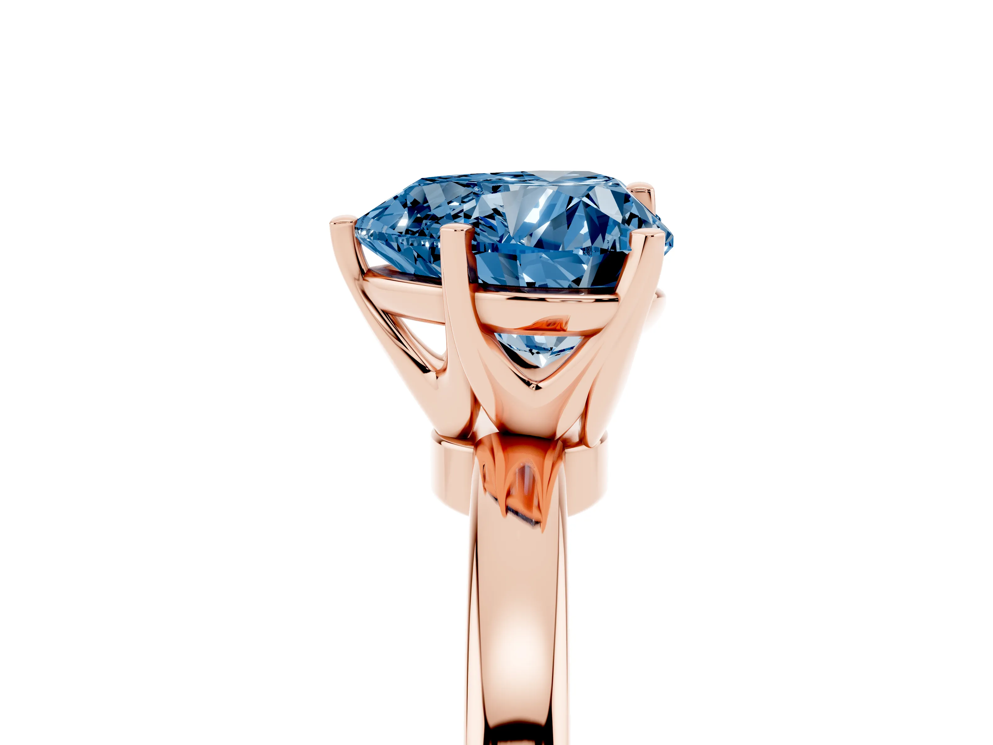Fancy Blue Heart Cut Diamond Solitaire Ring Set in Rose gold with Raised Prong Setting on a Classic Band