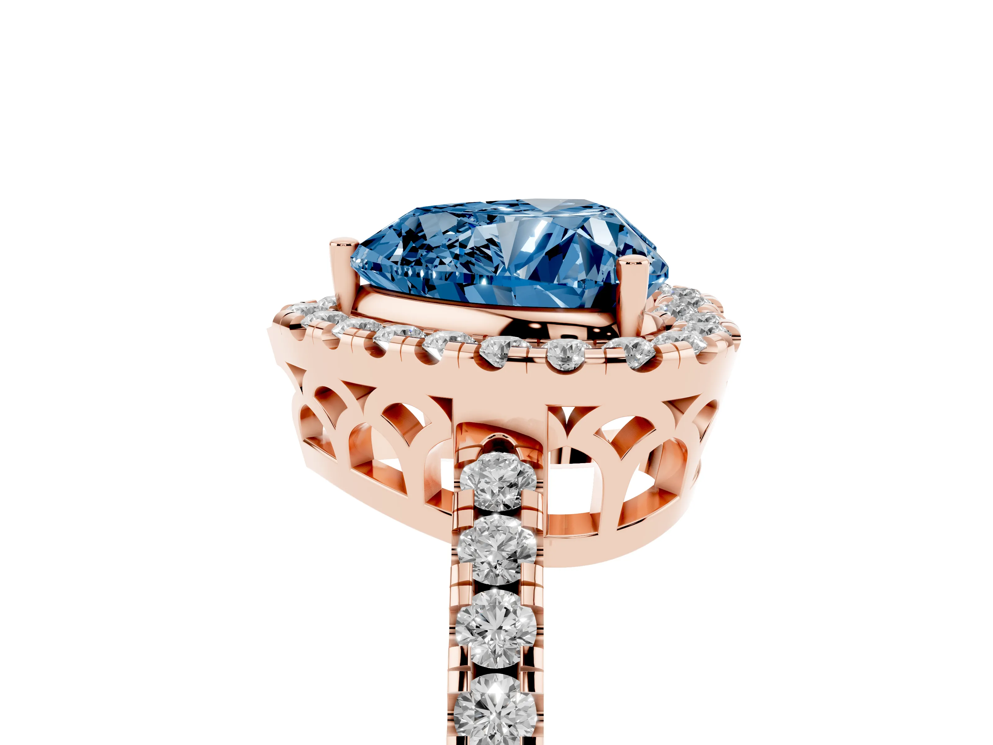 Fancy Blue Heart Cut Diamond Pavé Band Halo Engagement Ring Set in Rose gold with Prong Setting