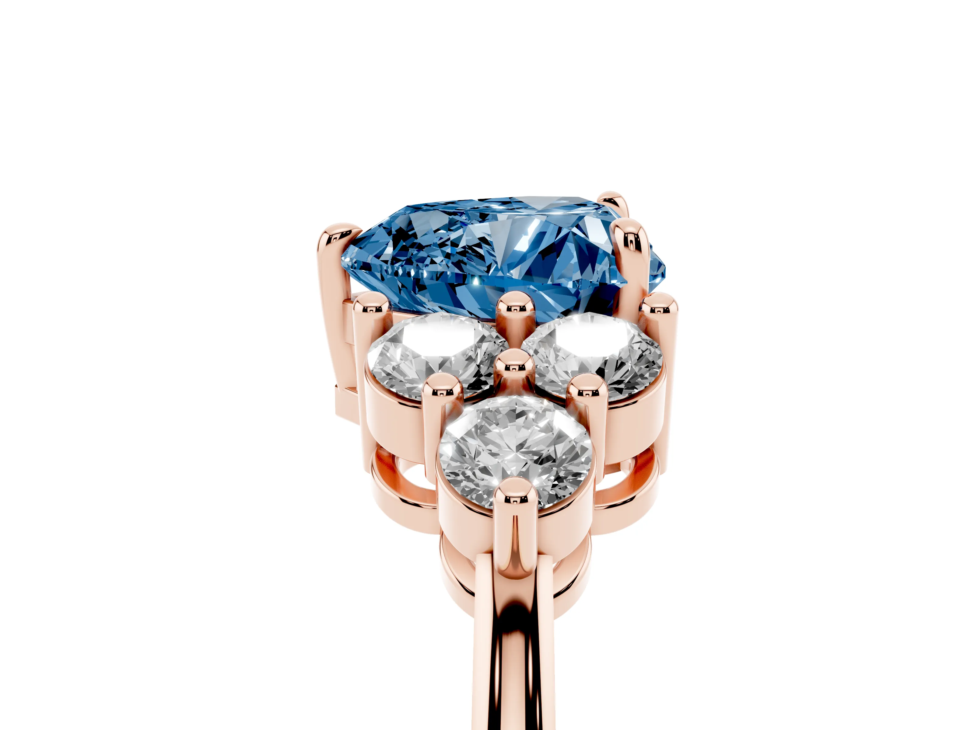 Fancy Blue Heart Cut Diamond Solitaire Ring Set in Rose gold with Cluster Accents on Each Side