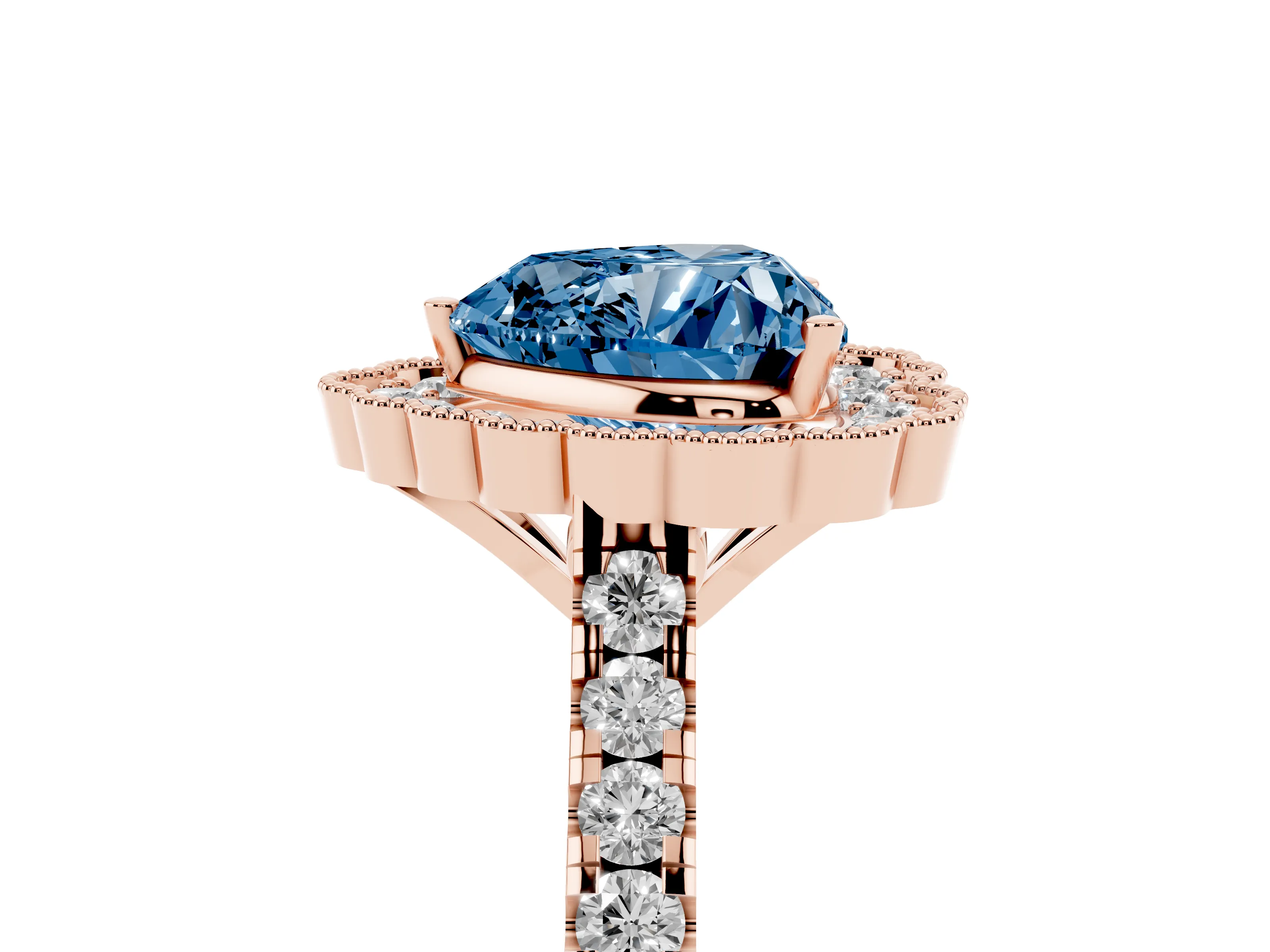 Fancy Blue Heart Cut Diamond Milgrain Floral Halo Engagement Ring Set in Rose gold with Pavé Band