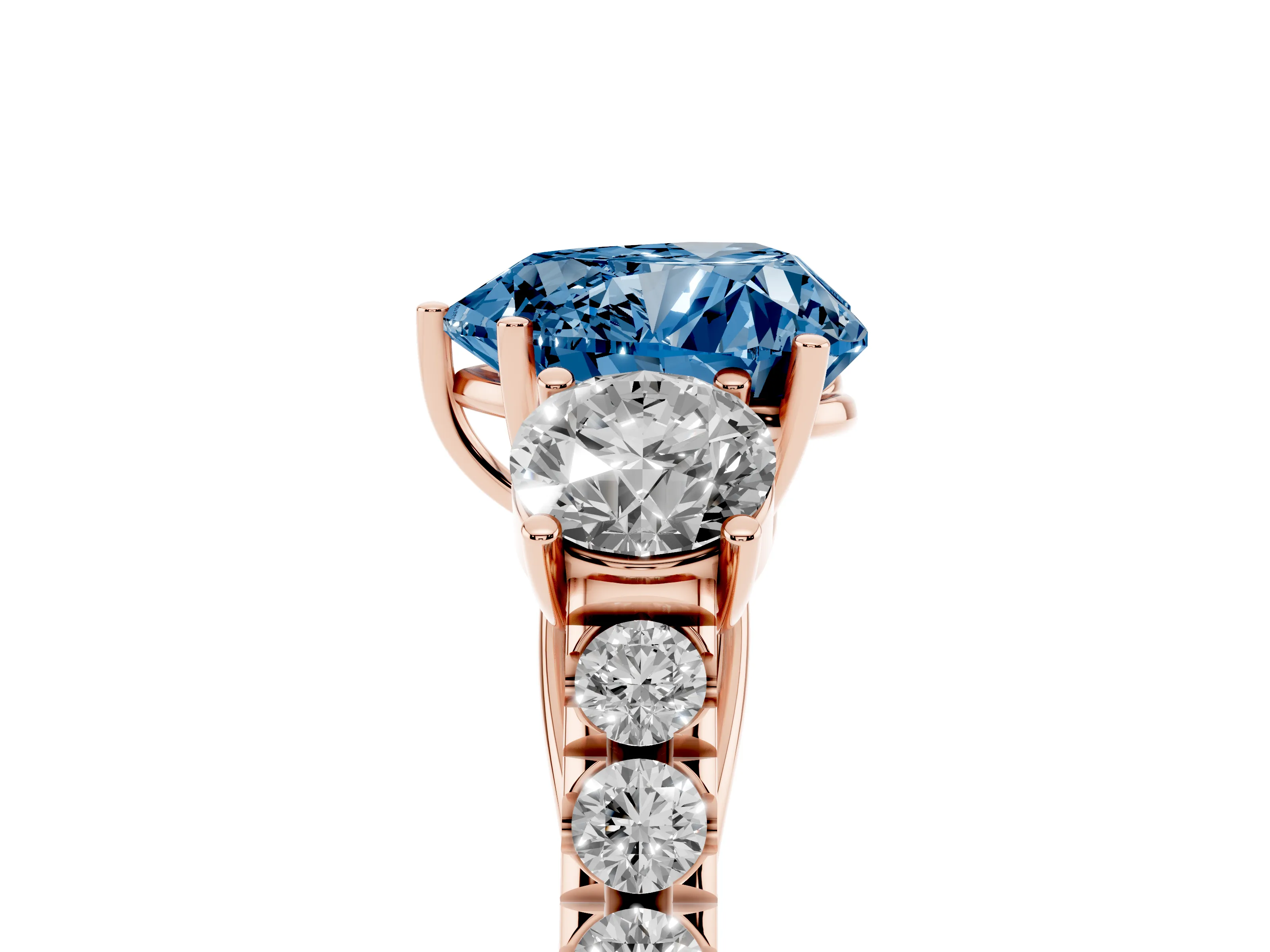 Fancy Blue Heart Cut Diamond Three-Stone Ring Set in Rose gold with Round Side Stones and Delicate Pavé Band