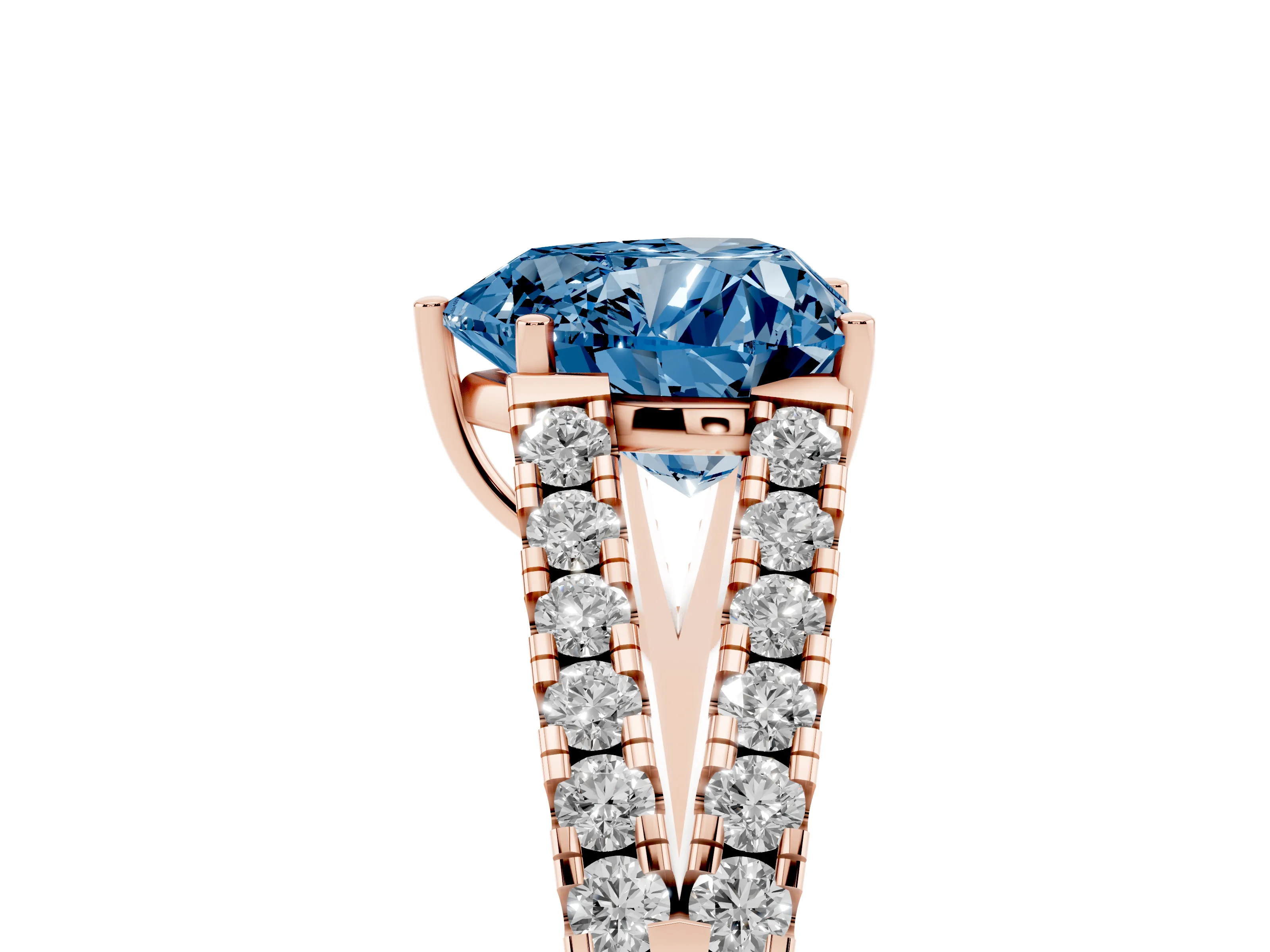 Fancy Blue Heart Cut Diamond Split Shank Pavé Engagement Ring Set in Rose gold with Prong-Held Center Stone